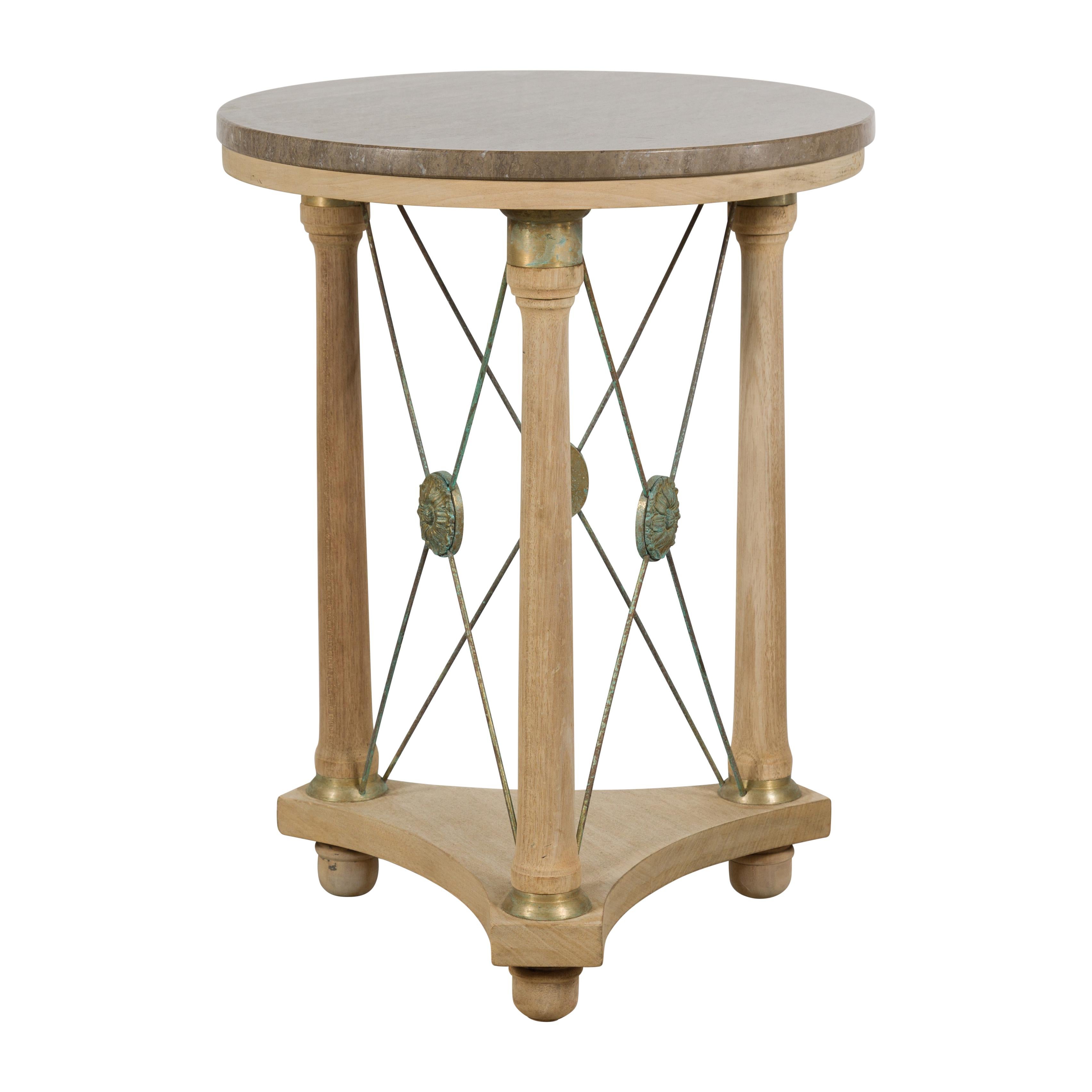 French Empire Style Bleached Side Table with Marble Top and Bronze Medallions 13