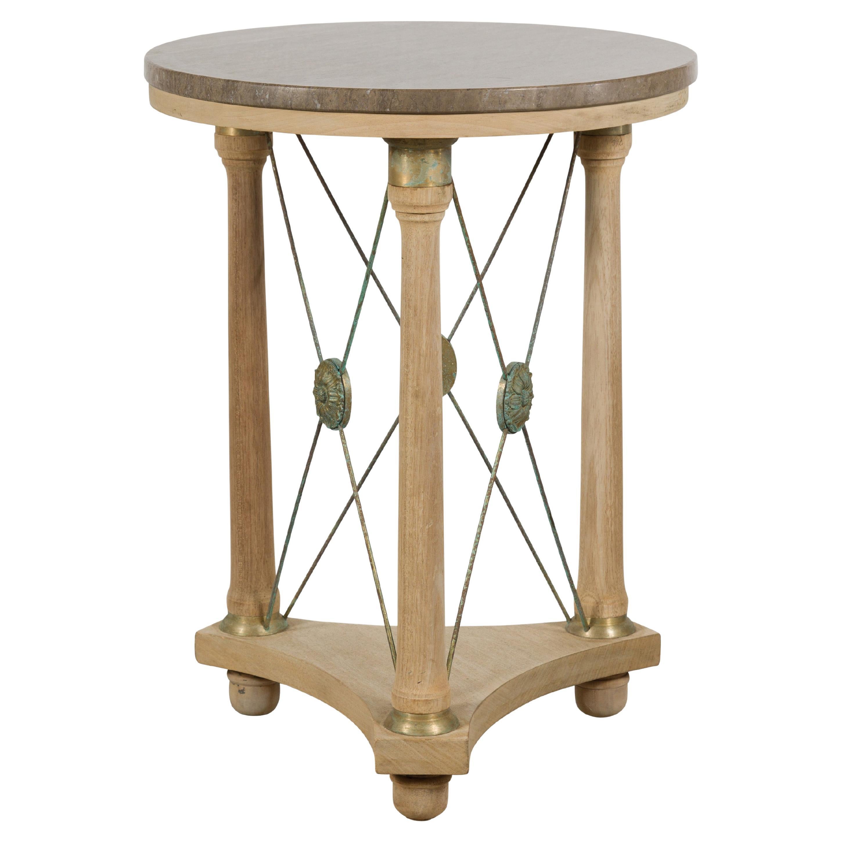 French Empire Style Bleached Side Table with Marble Top and Bronze Medallions