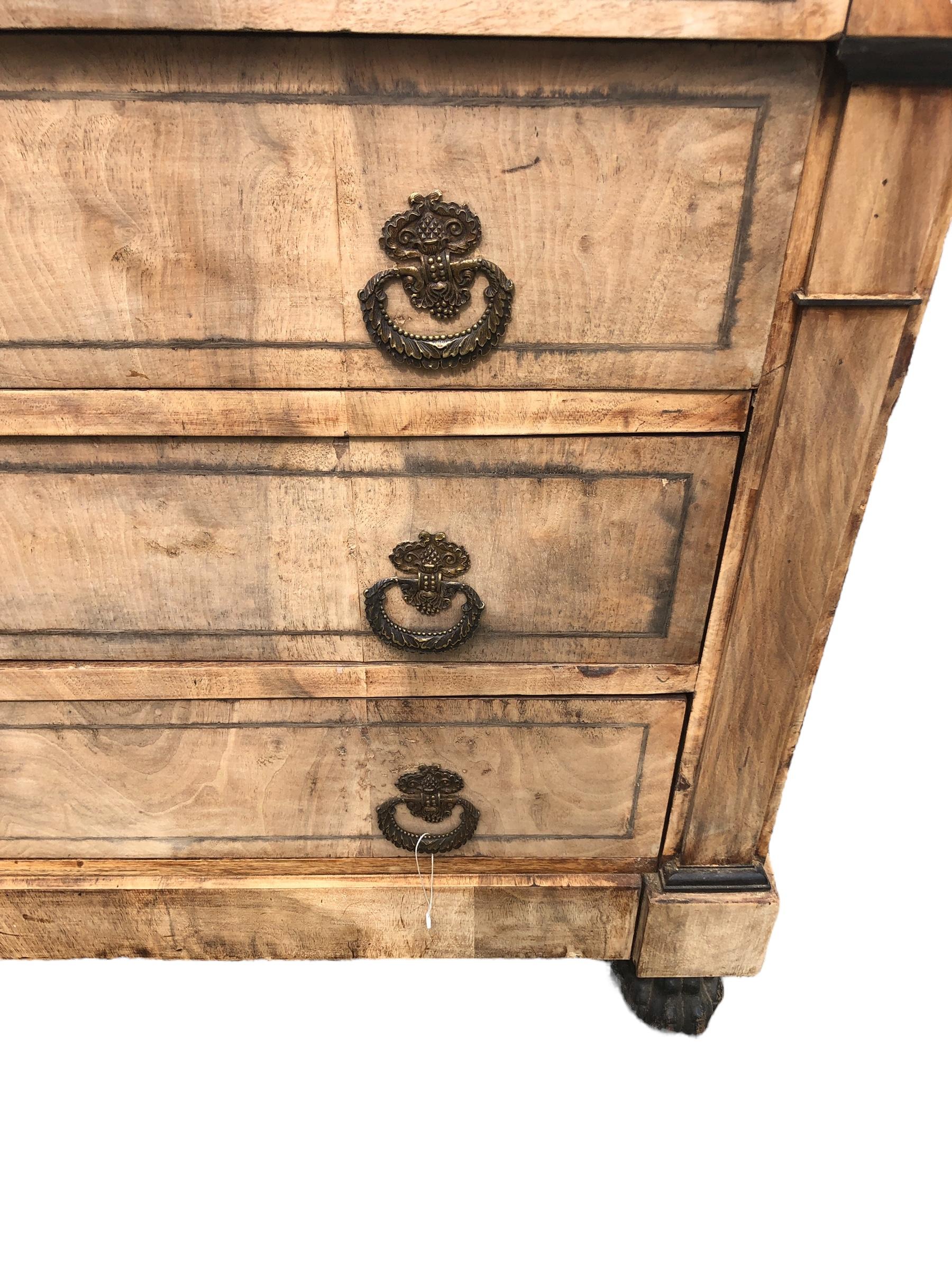 French Empire Style Bleached Walnut Marble Top Chest with Ebonized Feet.  For Sale 1