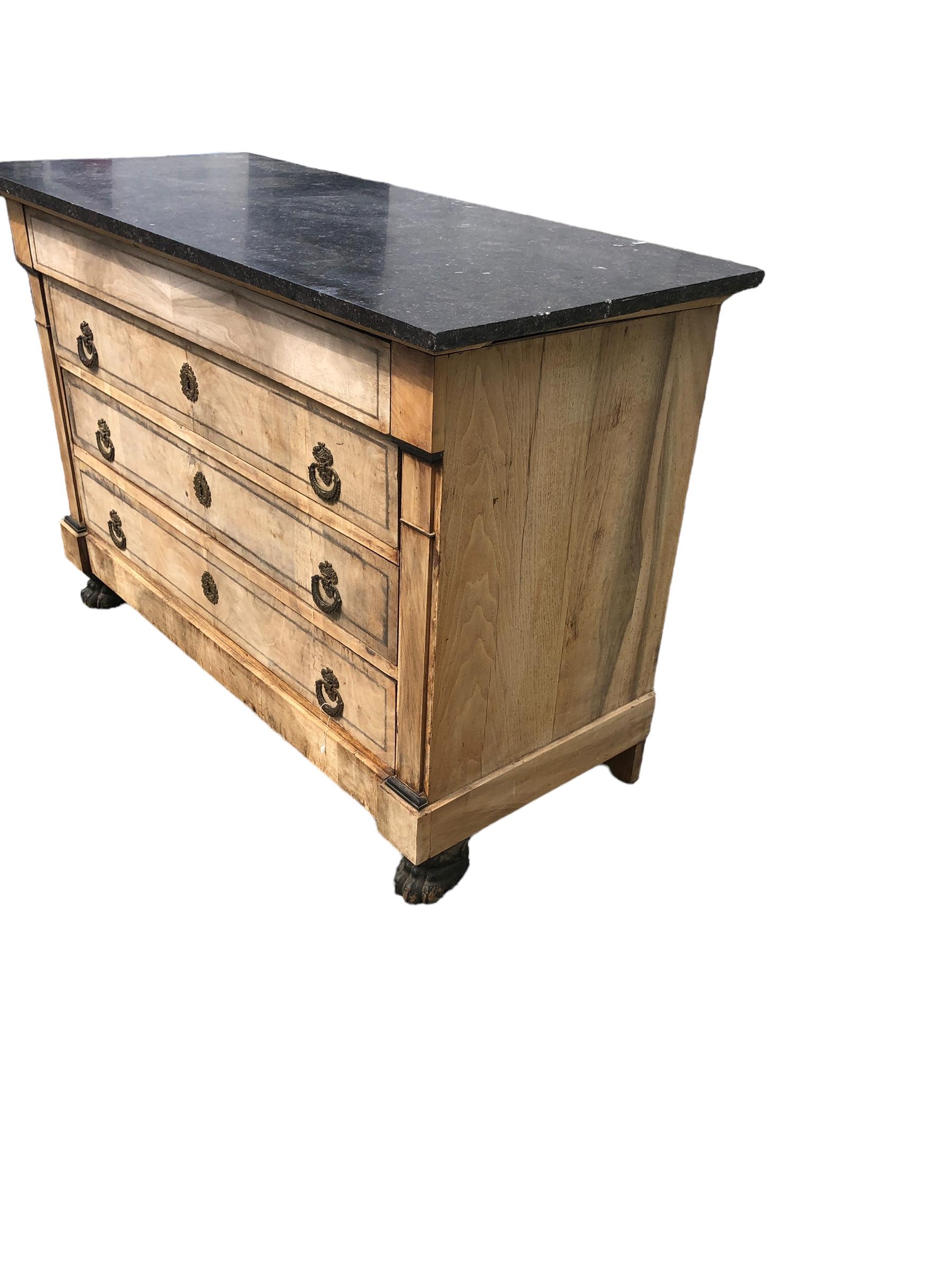 French Empire Style Bleached Walnut Marble Top Chest with Ebonized Feet.  For Sale 2