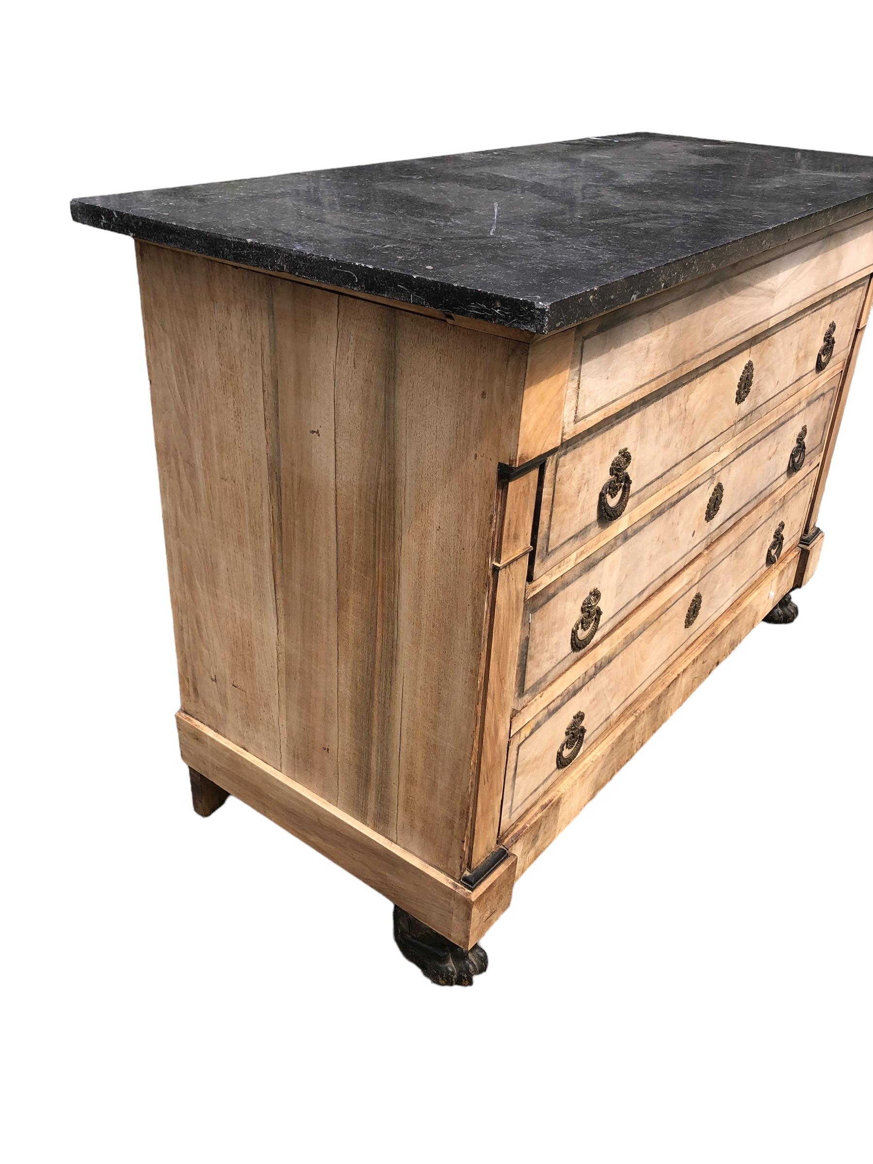 French Empire Style Bleached Walnut Marble Top Chest with Ebonized Feet.  For Sale 3
