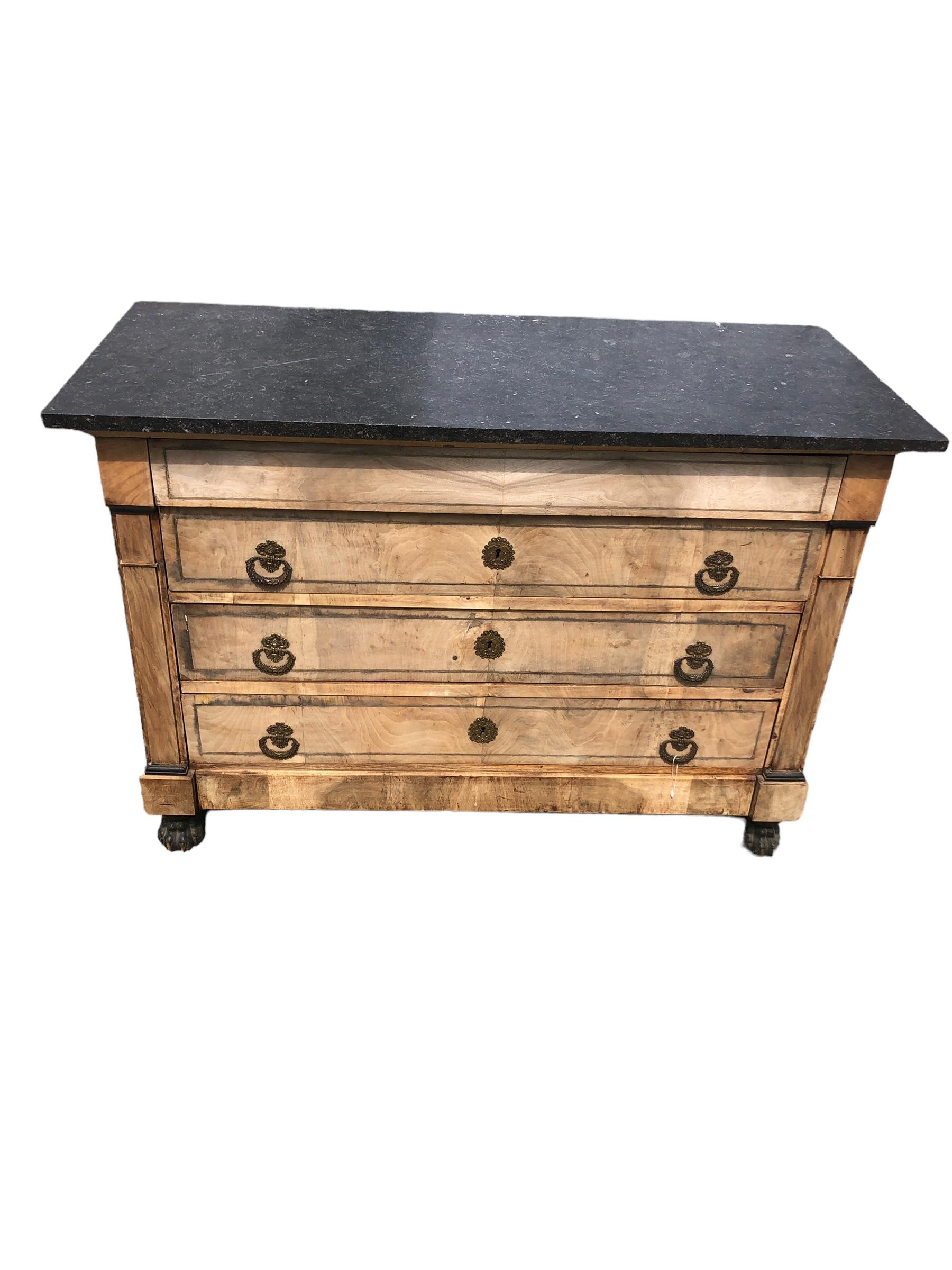 French Empire Style Bleached Walnut Marble Top Chest with Ebonized Feet. 4
