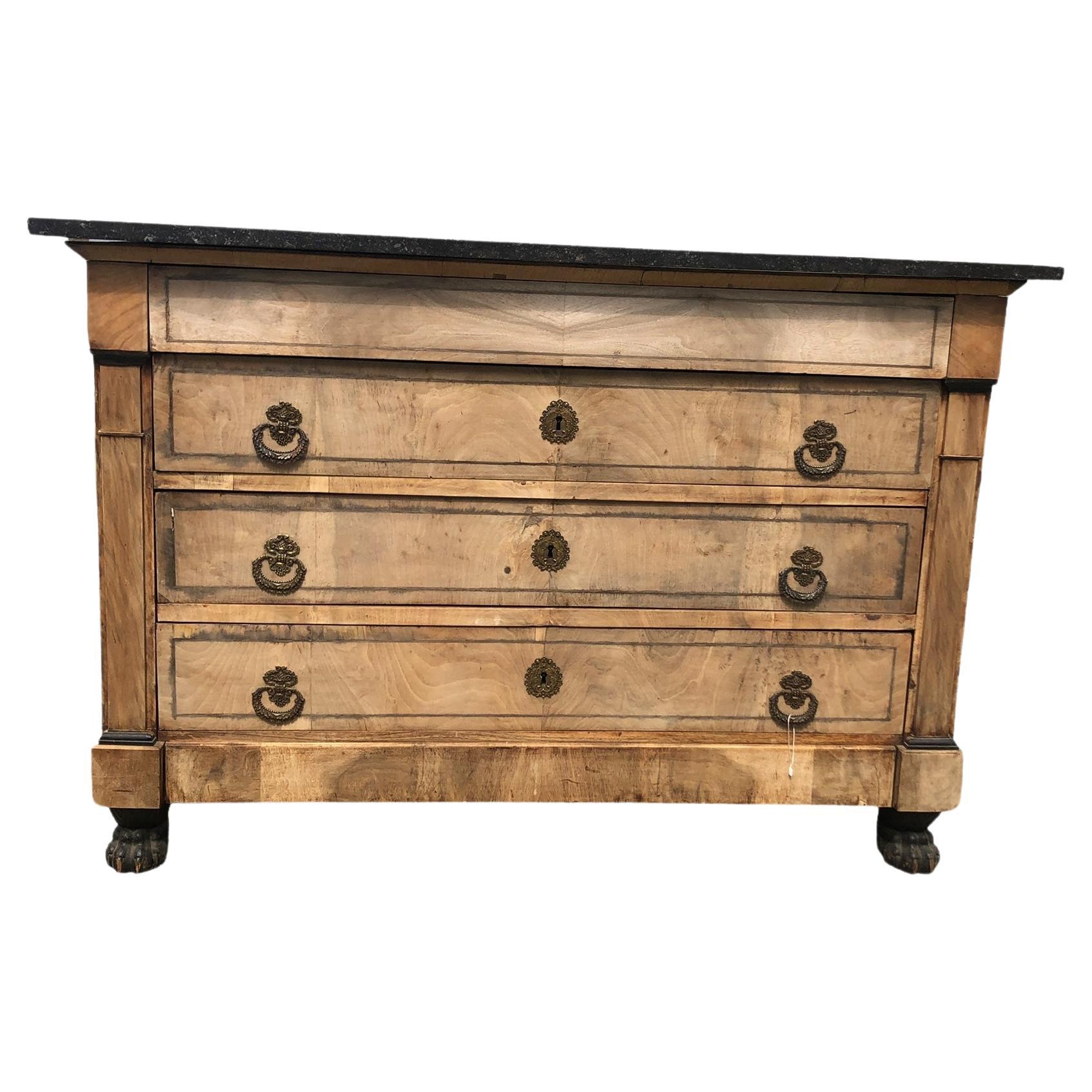 French Empire Style Bleached Walnut Marble Top Chest with Ebonized Feet.  For Sale