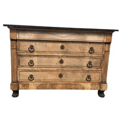 French Empire Style Bleached Walnut Marble Top Chest with Ebonized Feet. 