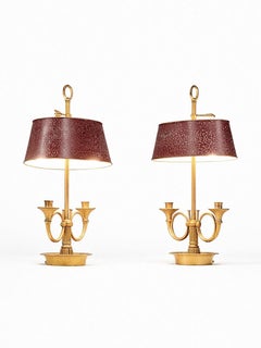French Empire Style Bouillette Brass Table Lamps w/ Metal Tole Shades
