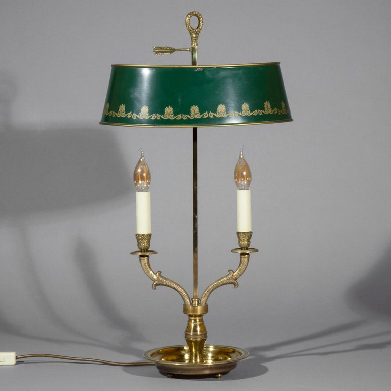 French Empire Style Bouillotte Table Lamp, Brass with Green Tole Shade
