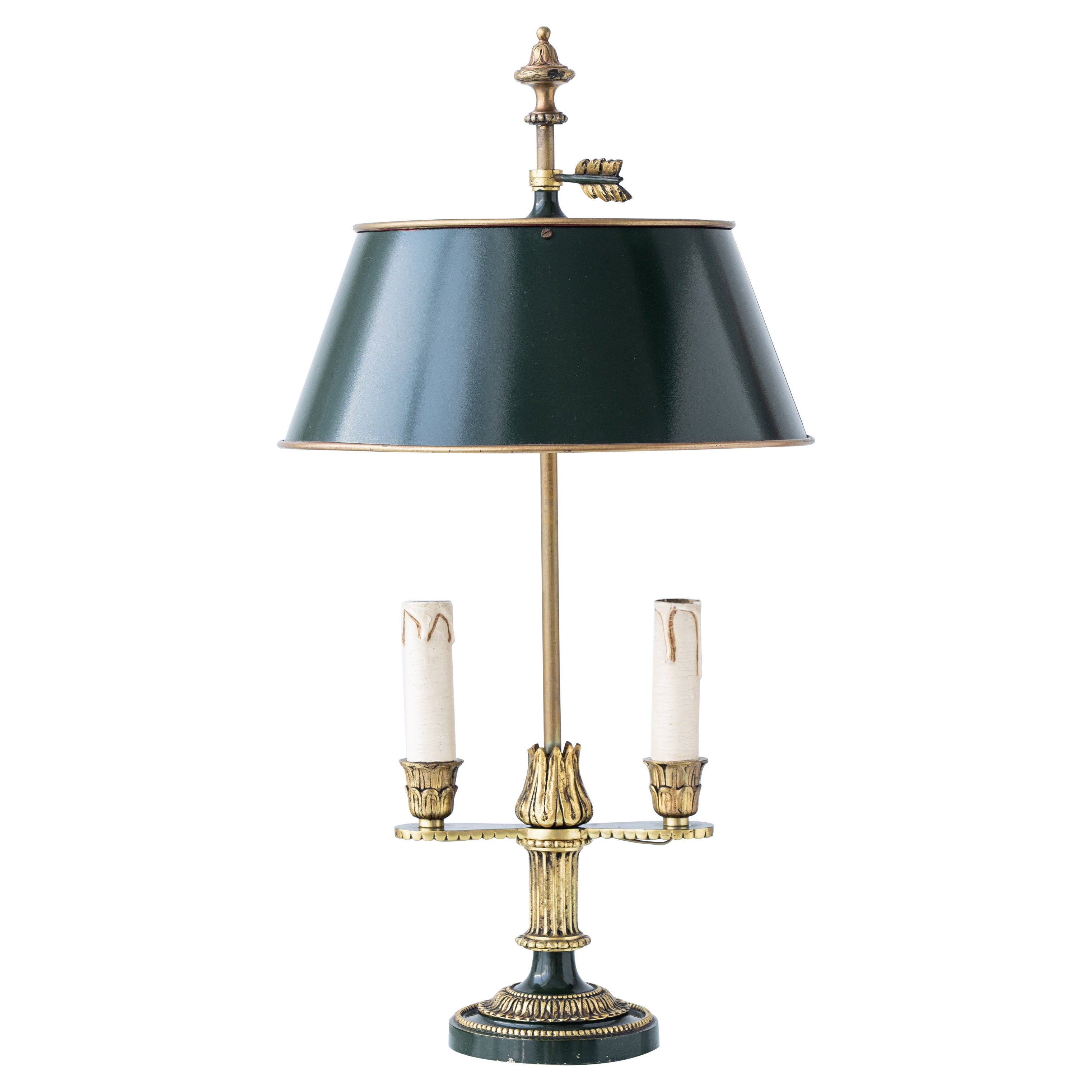 French Empire-Style Bouillotte Table Lamp with Dark Green Tôle Shade For Sale