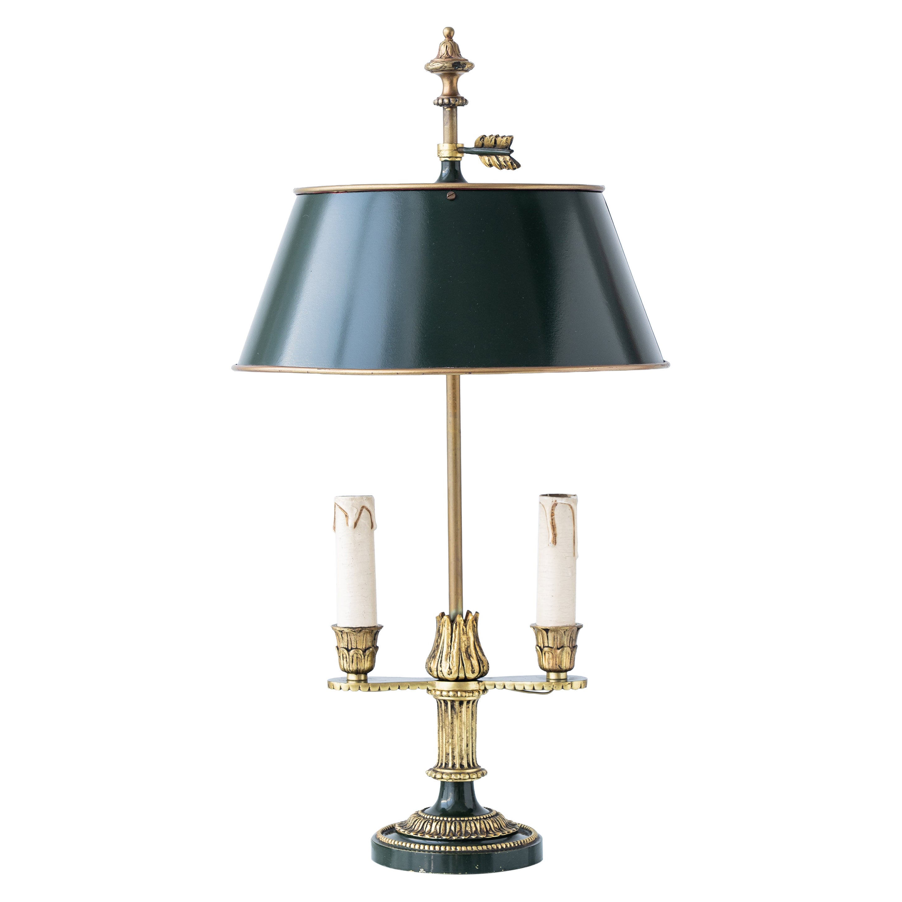 French Empire-Style Bouillotte Table Lamp with Dark Green Tôle Shade