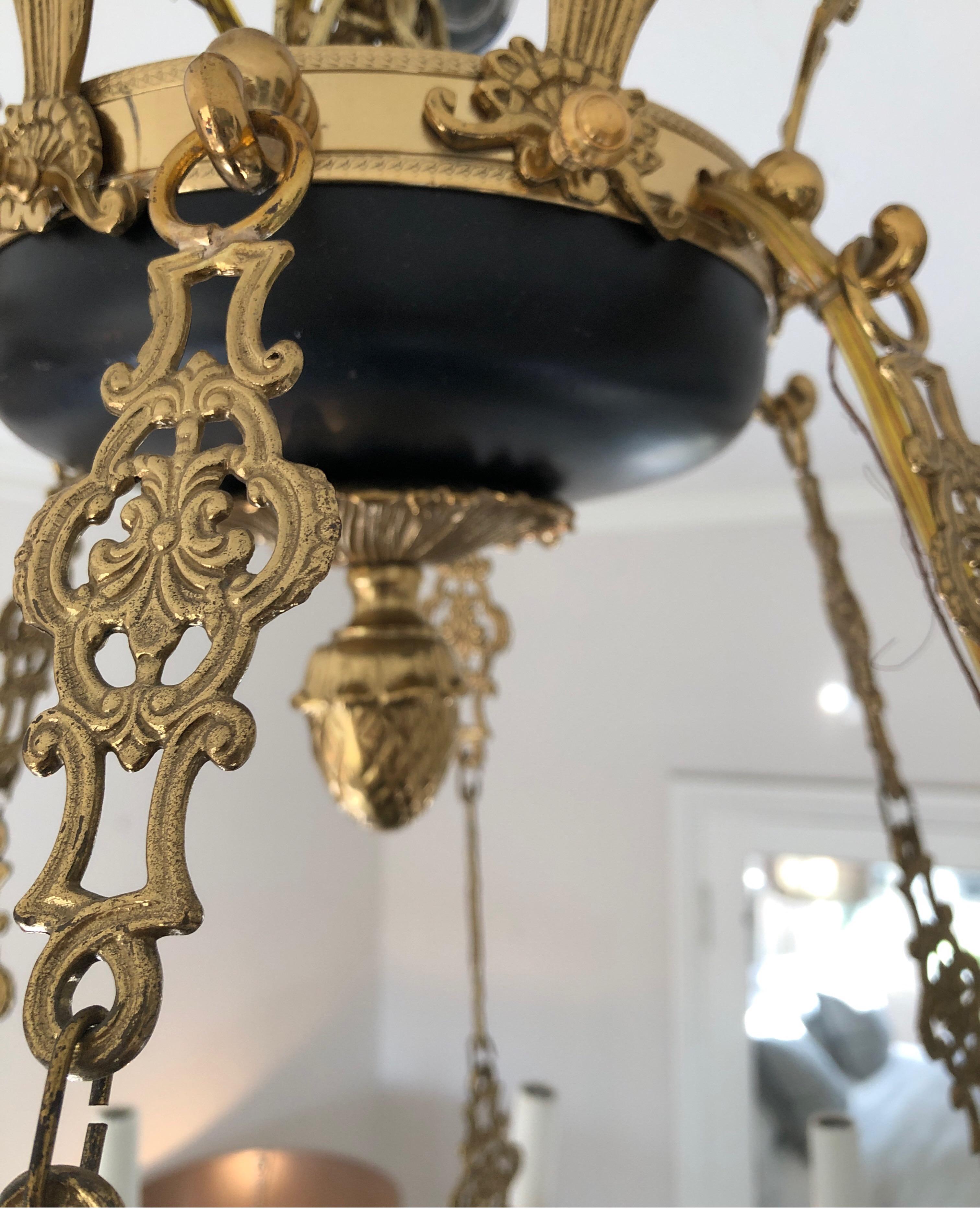 French Empire Style Brass and Black Chandelier, 12-Light Candelabra 3