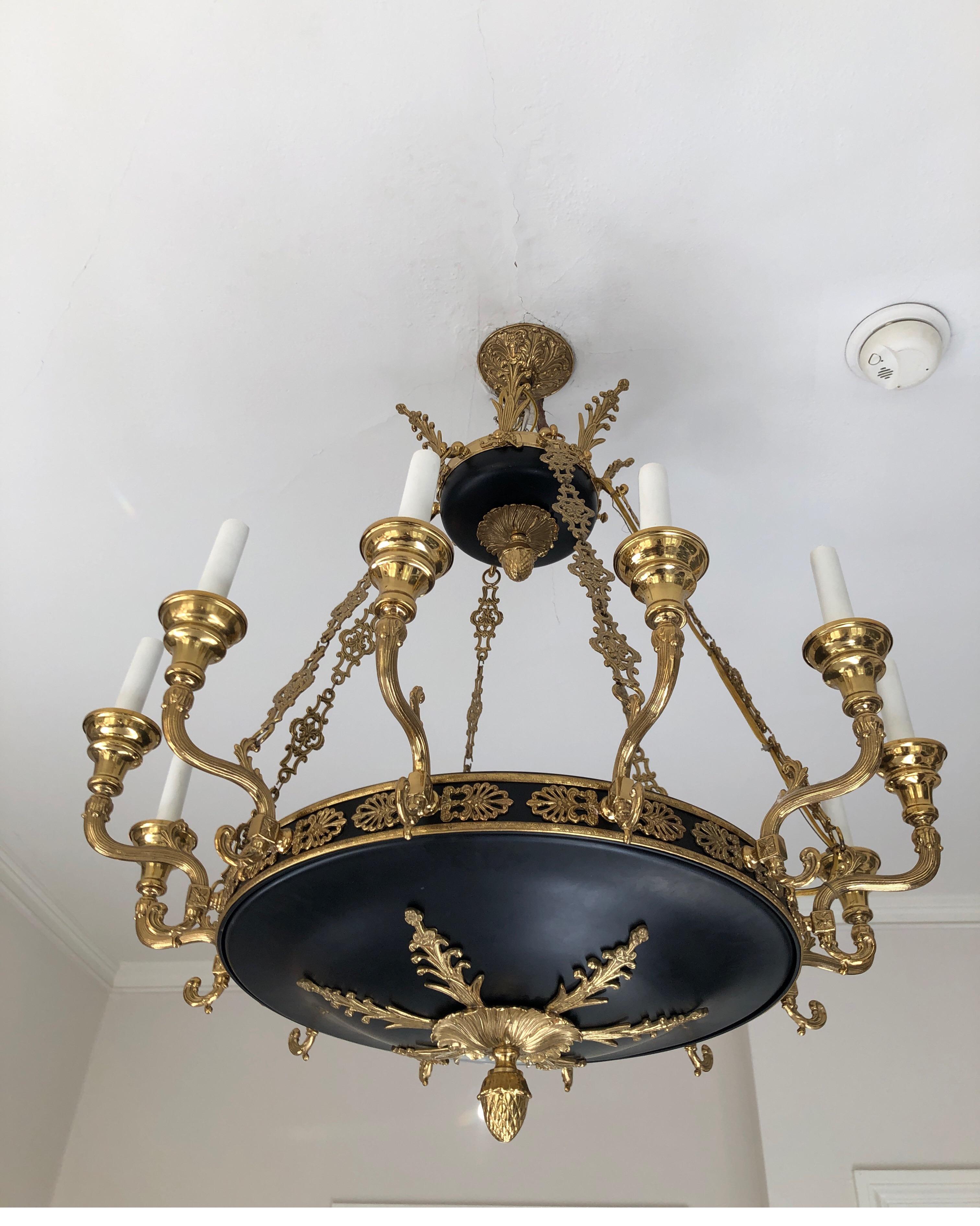 French Empire style twelve-arm chandelier. Brass and black,
circa 1940s.

Current drop here is 42