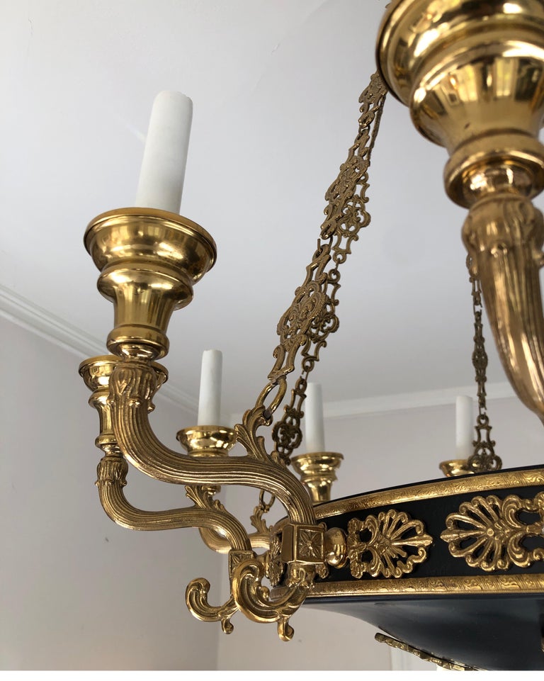 French Empire Style Brass and Black Chandelier, 12-Light Candelabra at