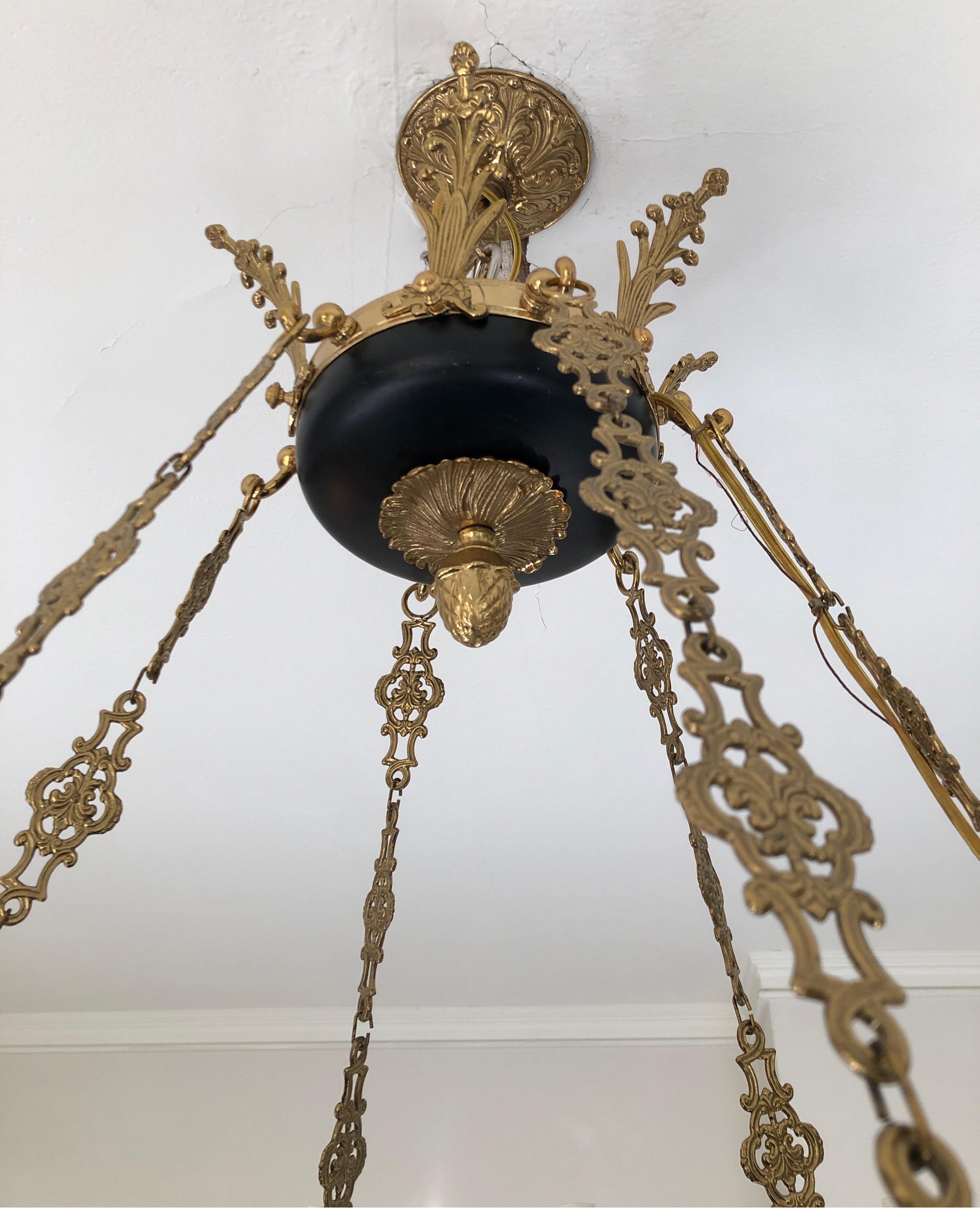 Mid-20th Century French Empire Style Brass and Black Chandelier, 12-Light Candelabra