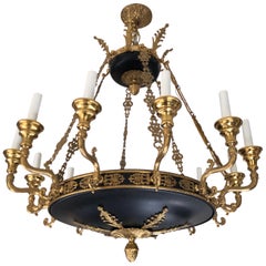 French Empire Style Brass and Black Chandelier, 12-Light Candelabra