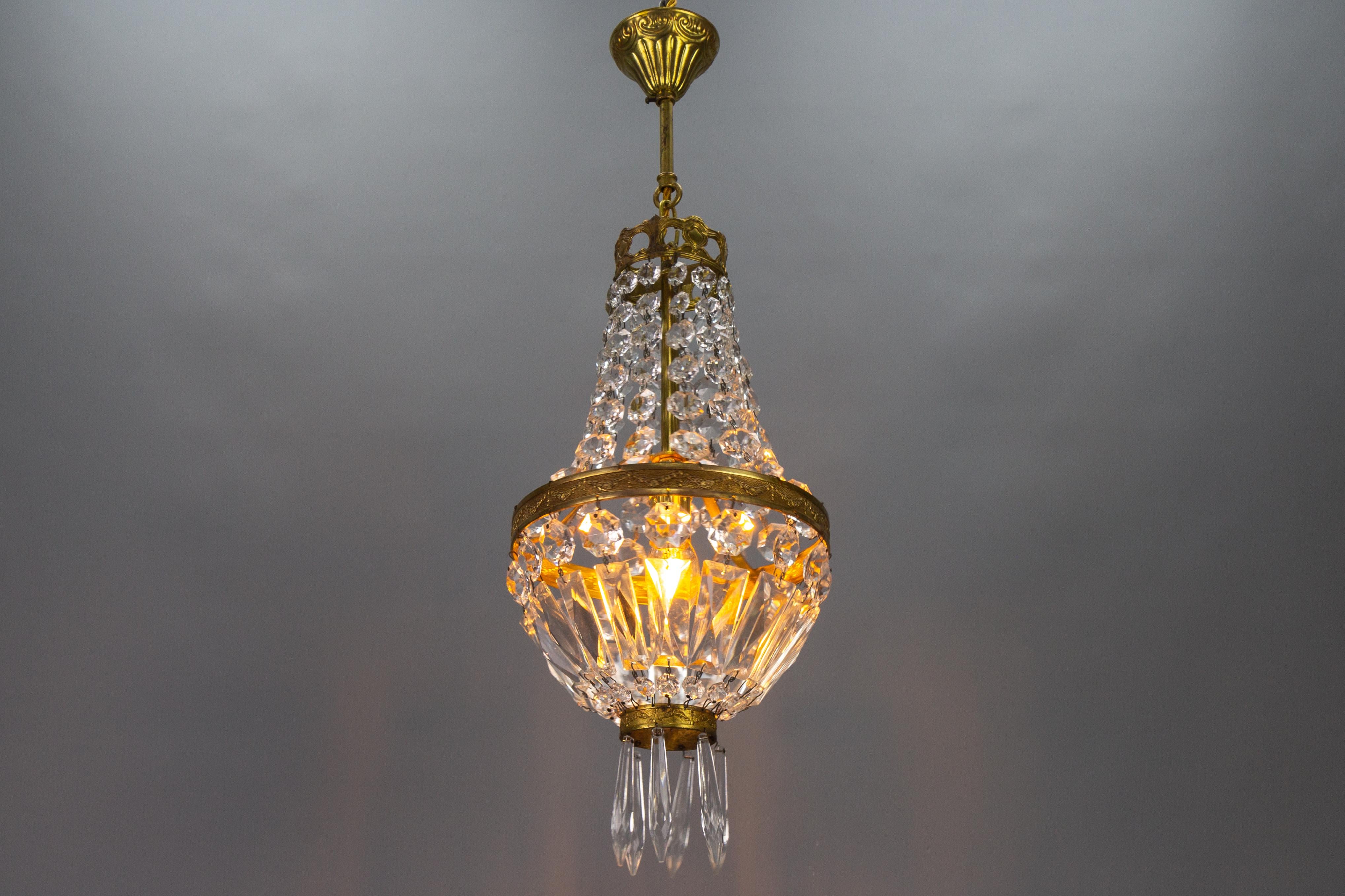 French Empire Style Brass and Crystal Glass Basket Chandelier For Sale 5