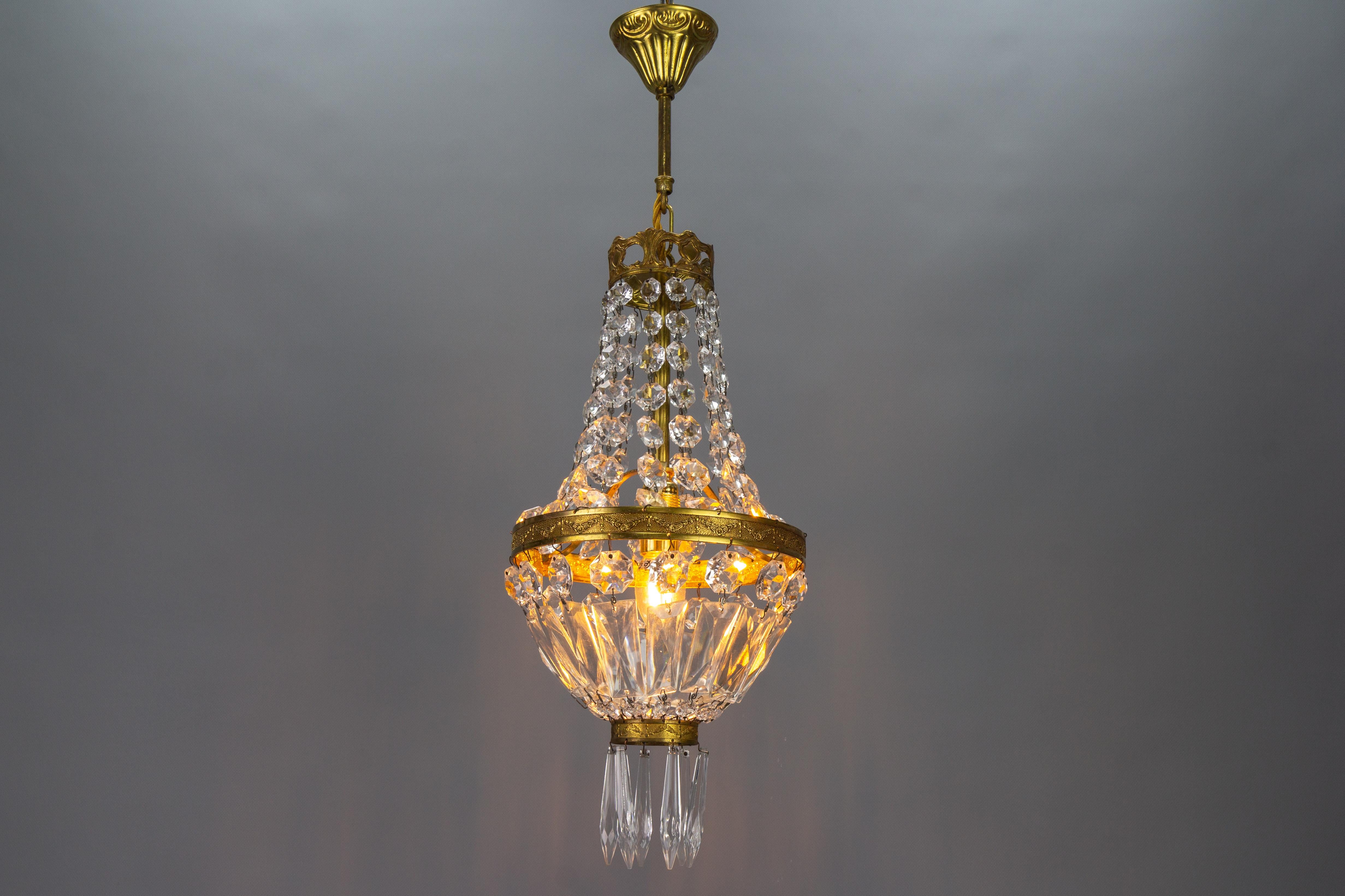 French Empire Style Brass and Crystal Glass Basket Chandelier For Sale 6