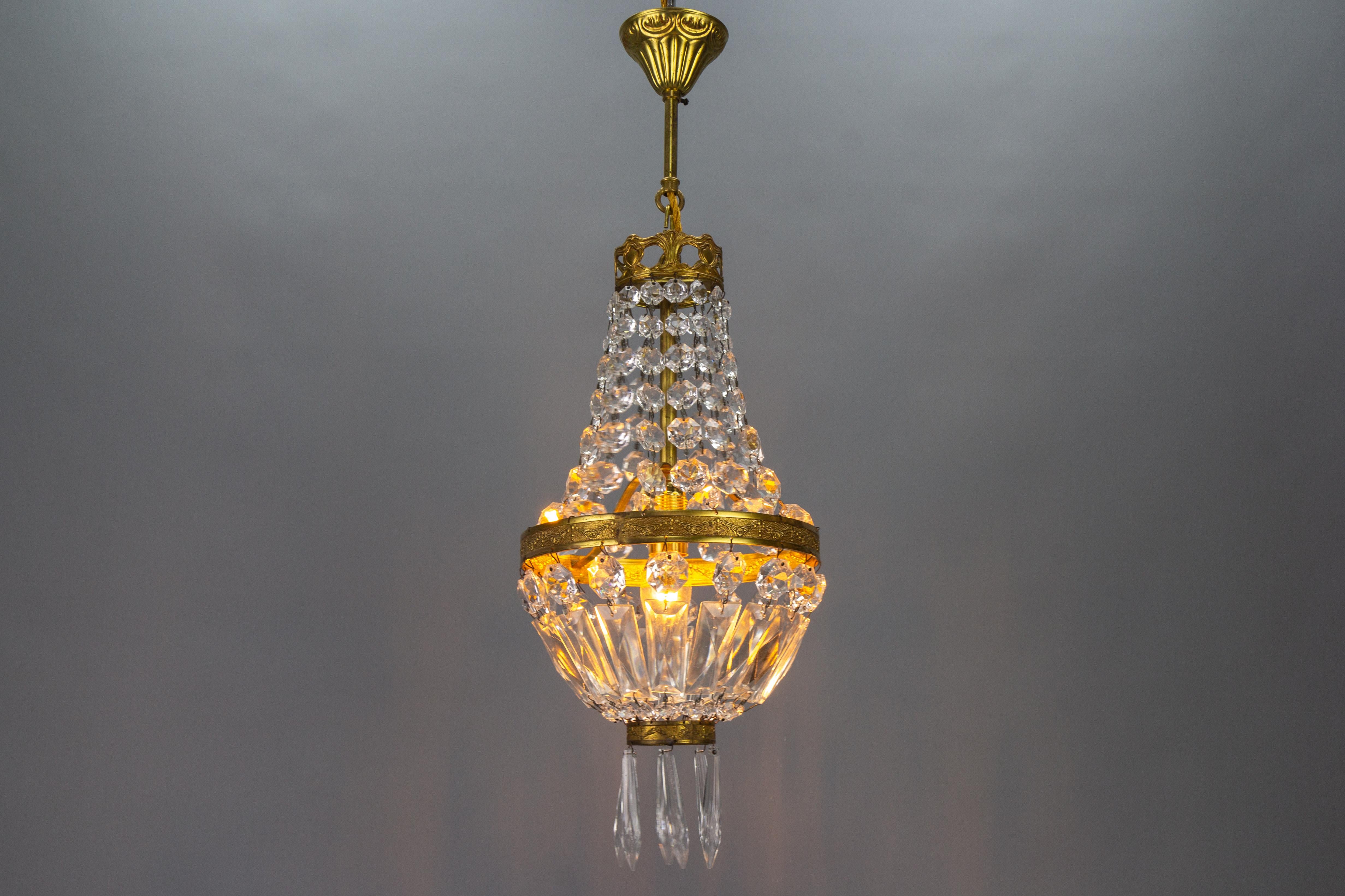 French Empire Style Brass and Crystal Glass Basket Chandelier For Sale 7