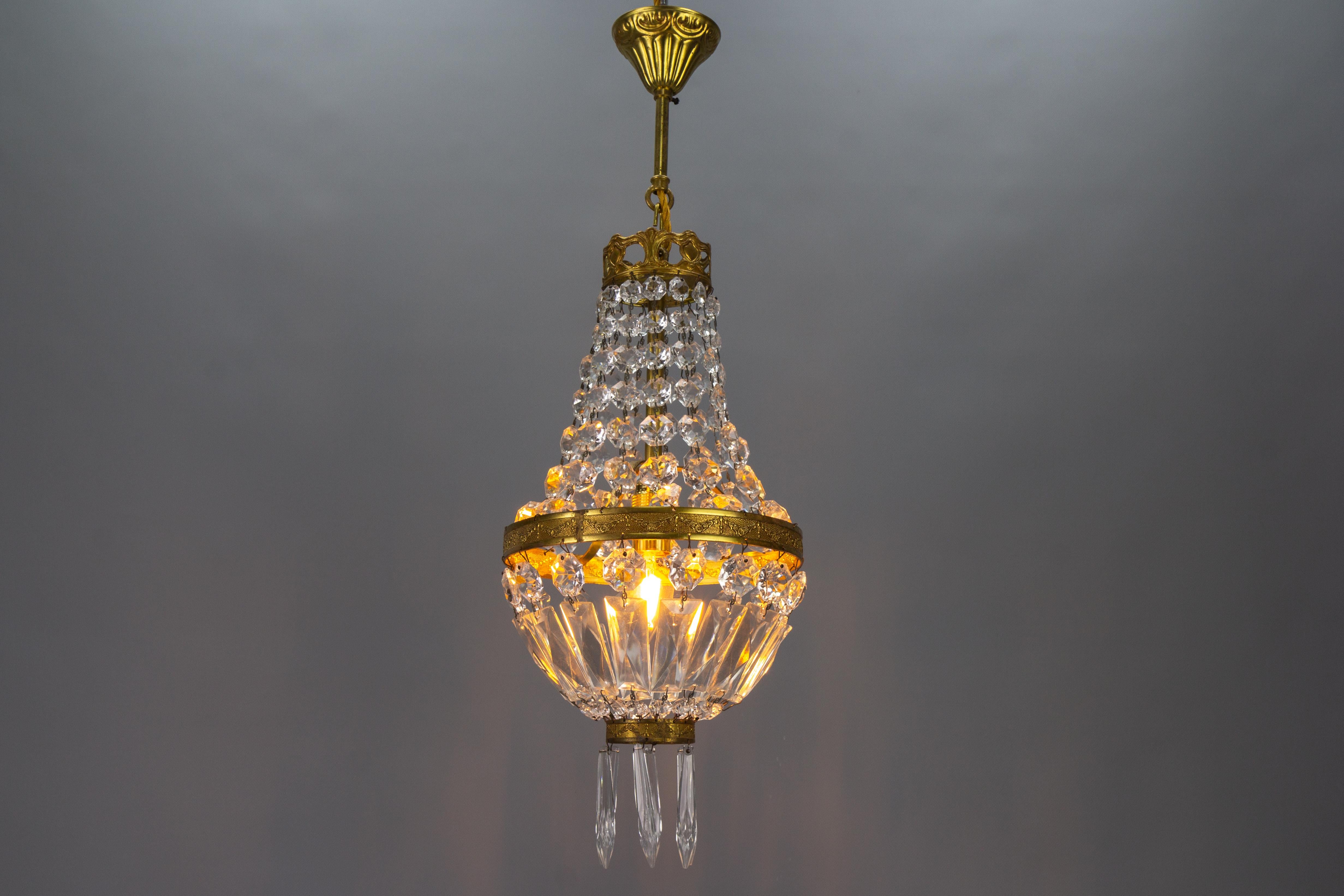 French Empire Style Brass and Crystal Glass Basket Chandelier For Sale 8