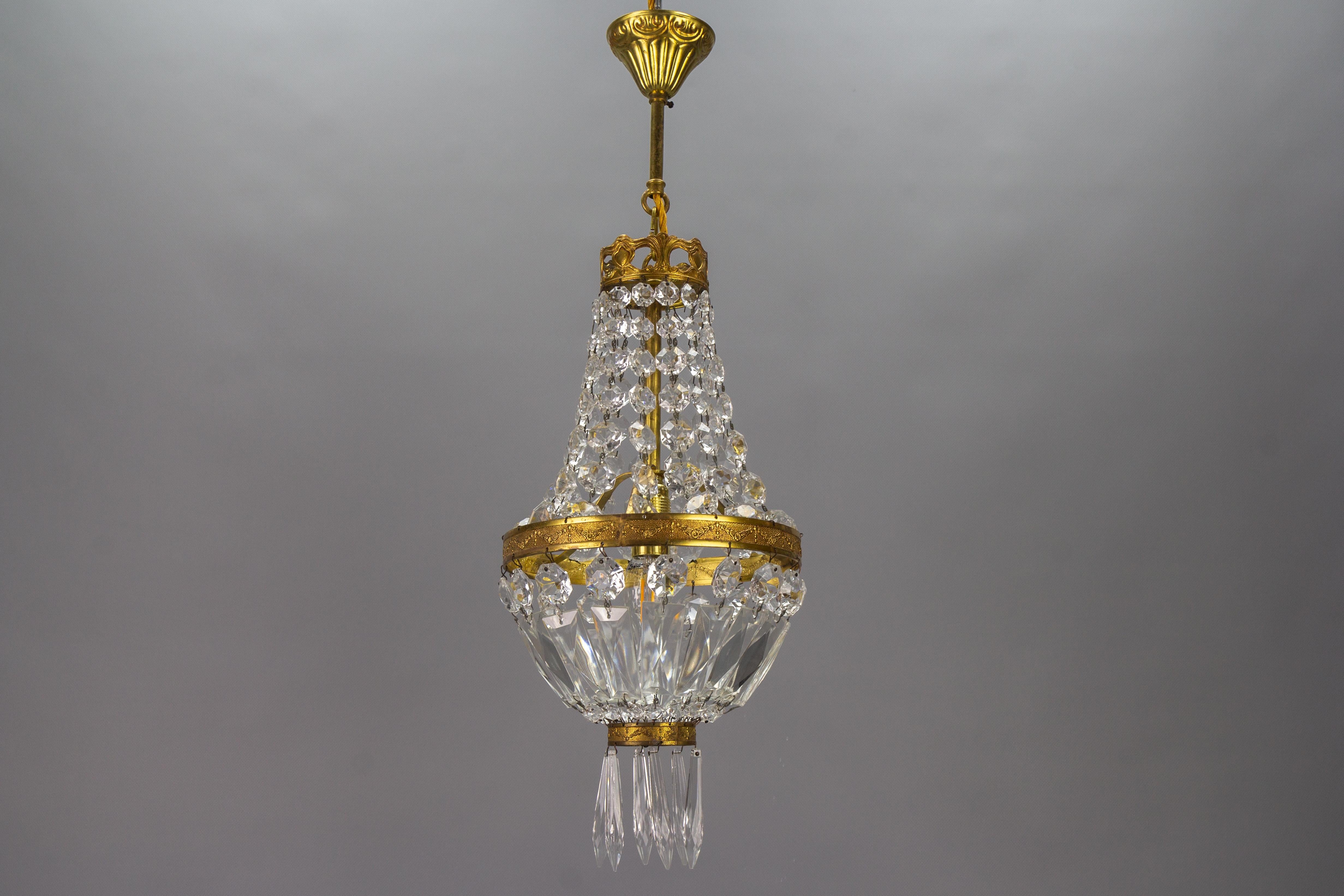 French Empire Style Brass and Crystal Glass Basket Chandelier For Sale 9