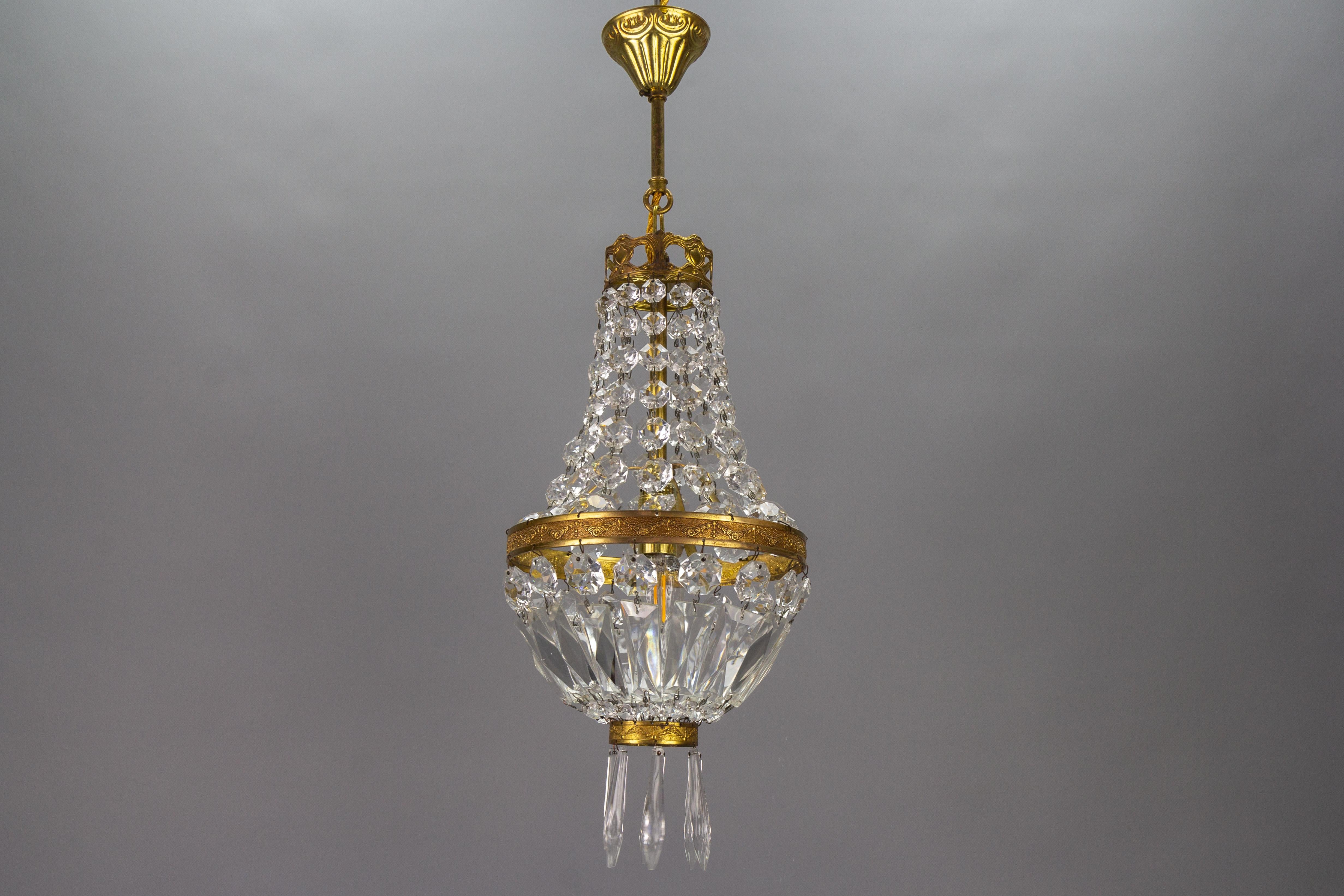 French Empire Style Brass and Crystal Glass Basket Chandelier For Sale 10