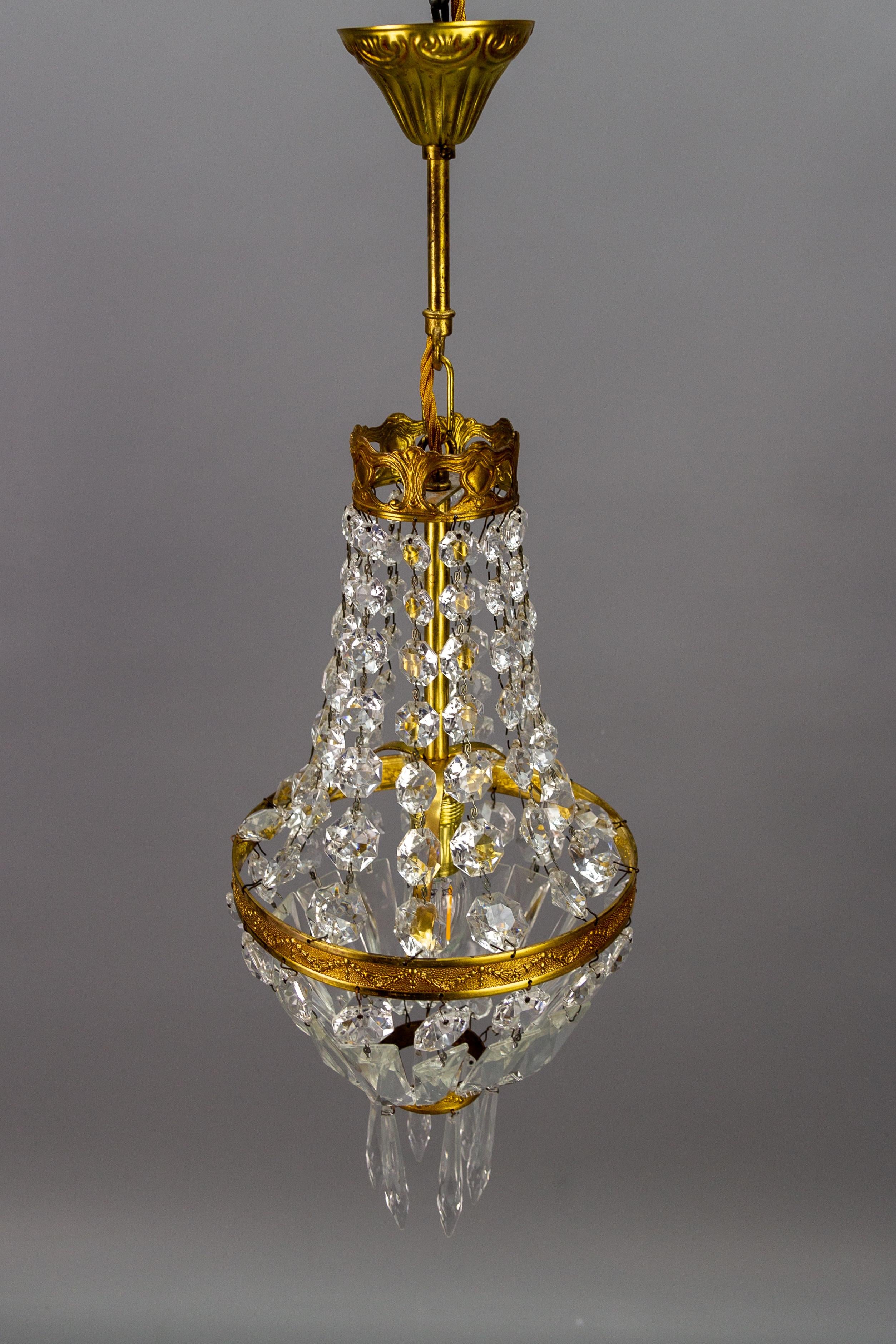 French Empire Style Brass and Crystal Glass Basket Chandelier For Sale 13