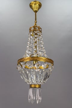 French Empire Style Brass and Crystal Glass Basket Chandelier