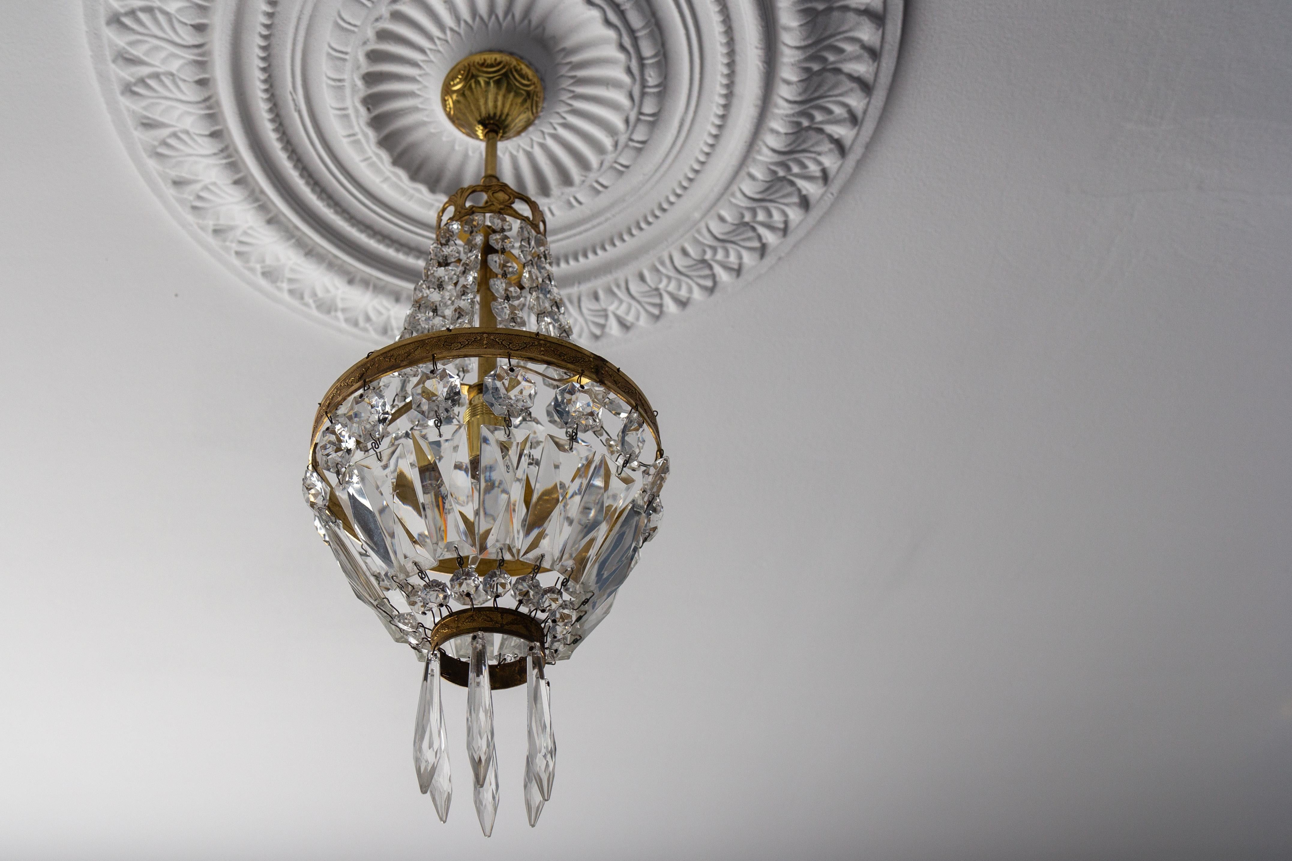 Mid-20th Century French Empire Style Brass and Crystal Glass Basket Chandelier For Sale