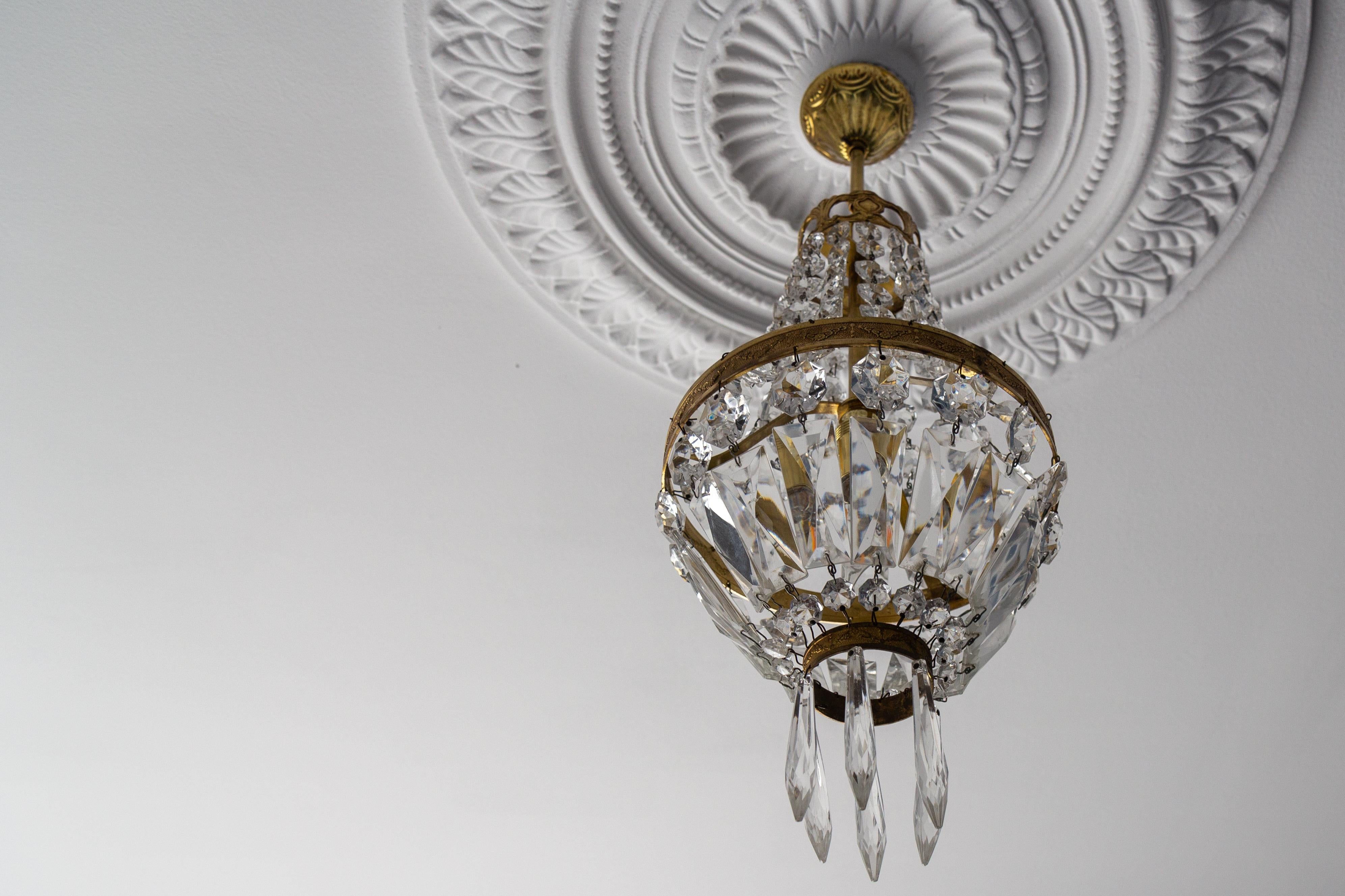 Metal French Empire Style Brass and Crystal Glass Basket Chandelier For Sale