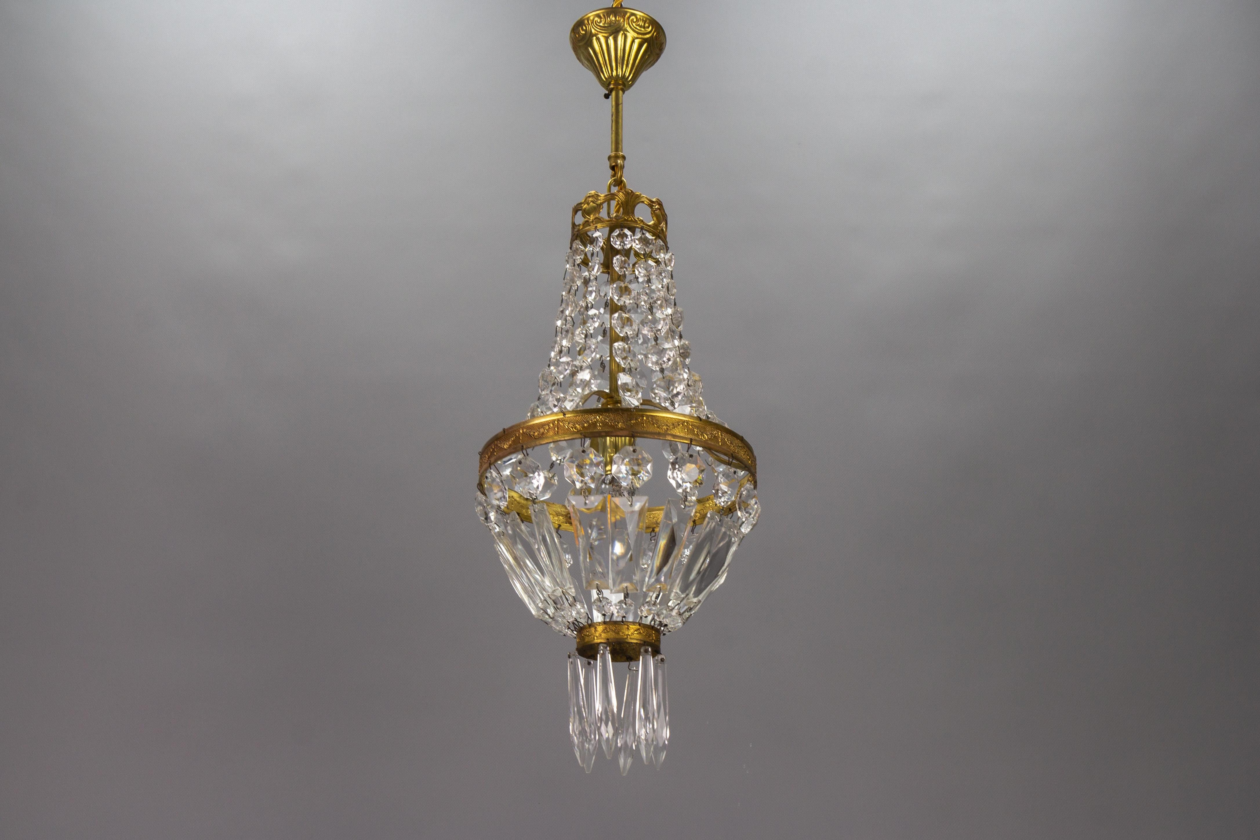 French Empire Style Brass and Crystal Glass Basket Chandelier For Sale 4