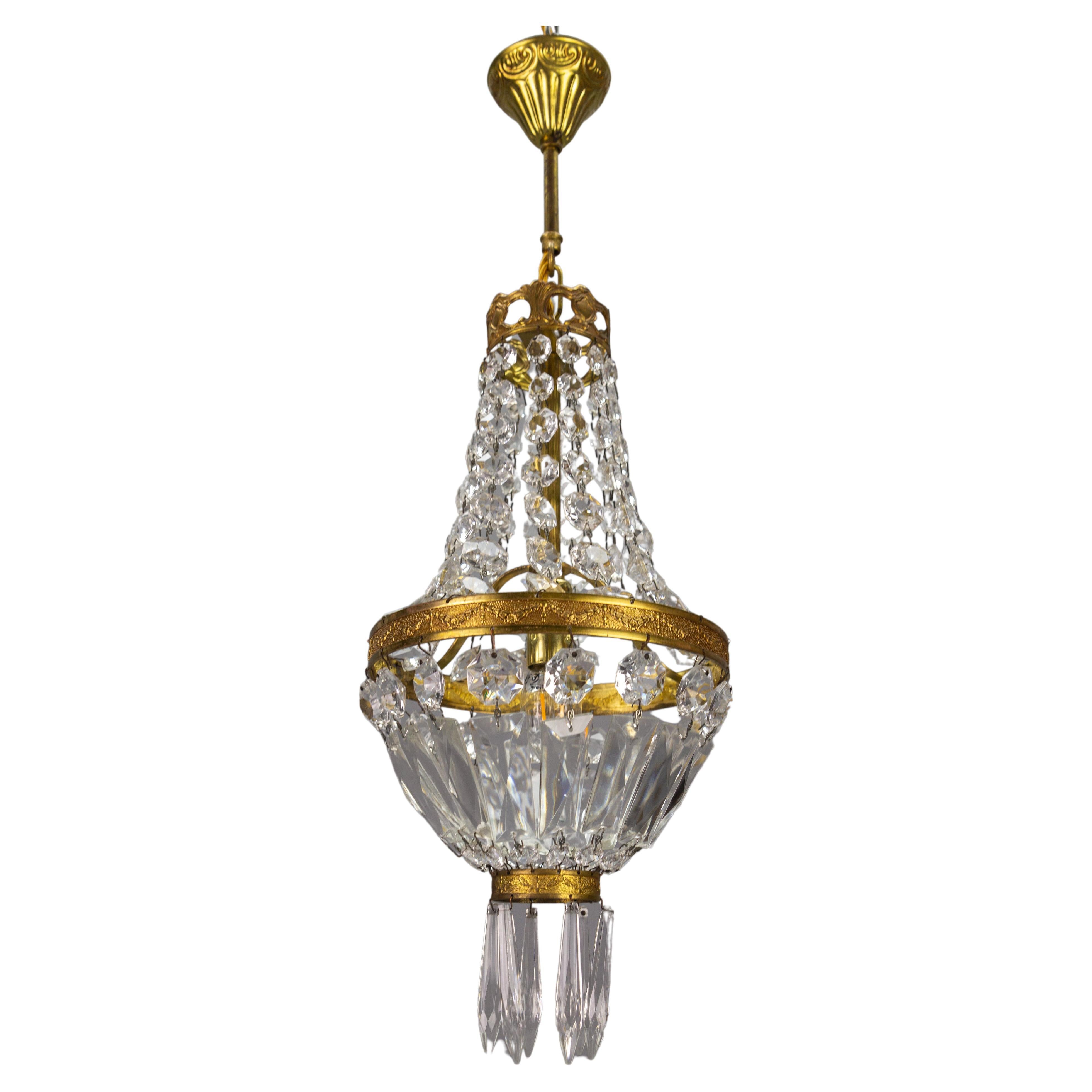 French Empire Style Brass and Crystal Glass Basket Chandelier For Sale