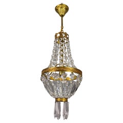 Vintage French Empire Style Brass and Crystal Glass Basket Chandelier