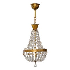 French Empire Style Brass and Crystal Glass Three-Light Basket Chandelier