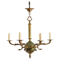 Antique French Empire Style Brass and Enamel 5-Light Chandelier, Early 20th Century