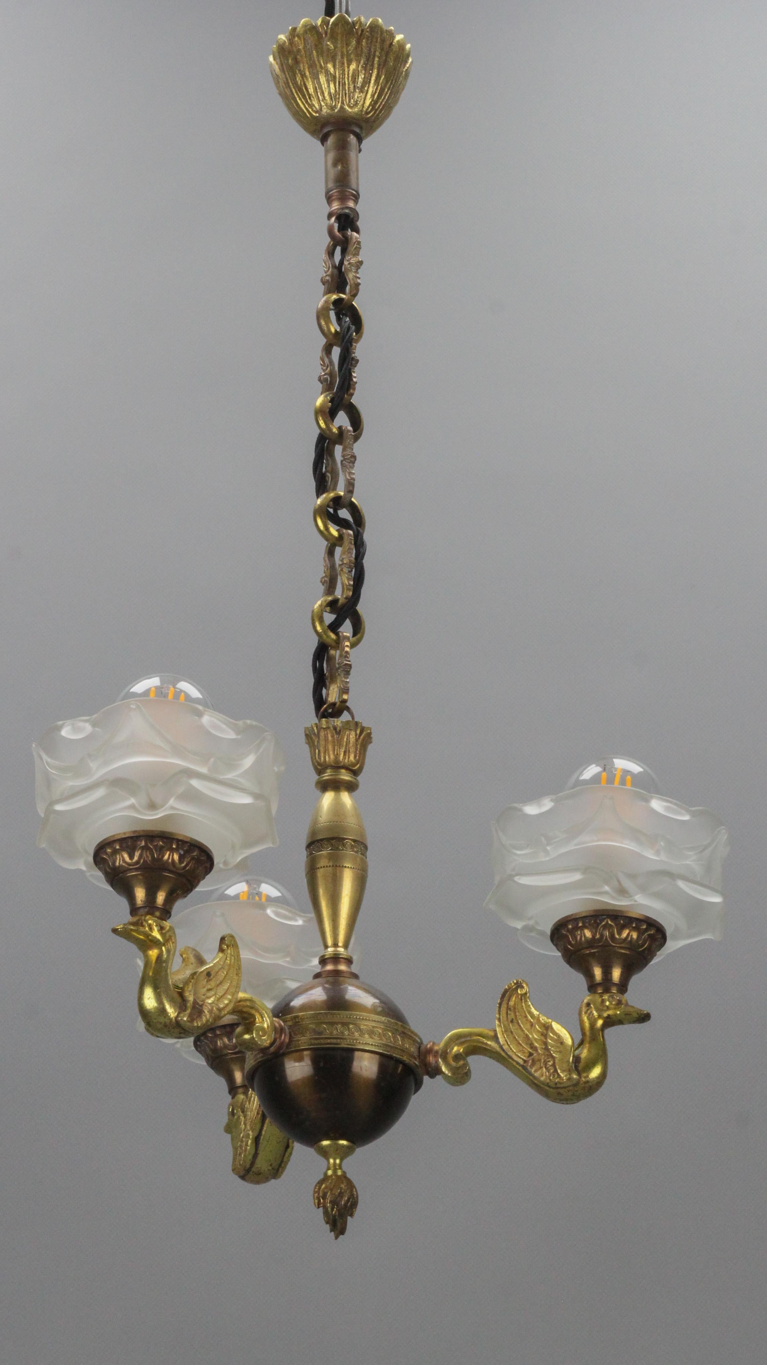 French Empire Style Brass, Bronze and Frosted Glass Three-Light Chandelier For Sale 6