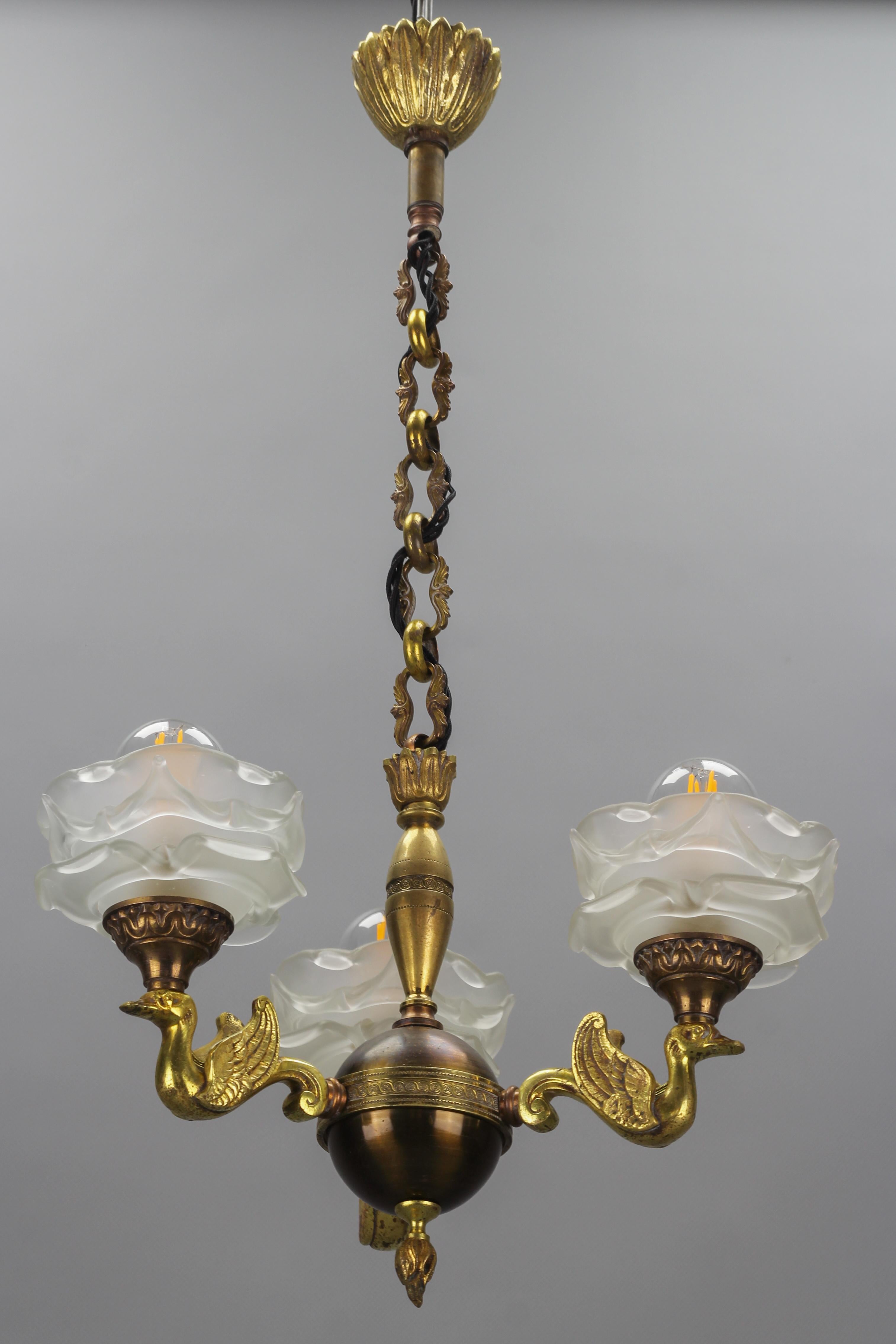 Mid-20th Century French Empire Style Brass, Bronze and Frosted Glass Three-Light Chandelier For Sale