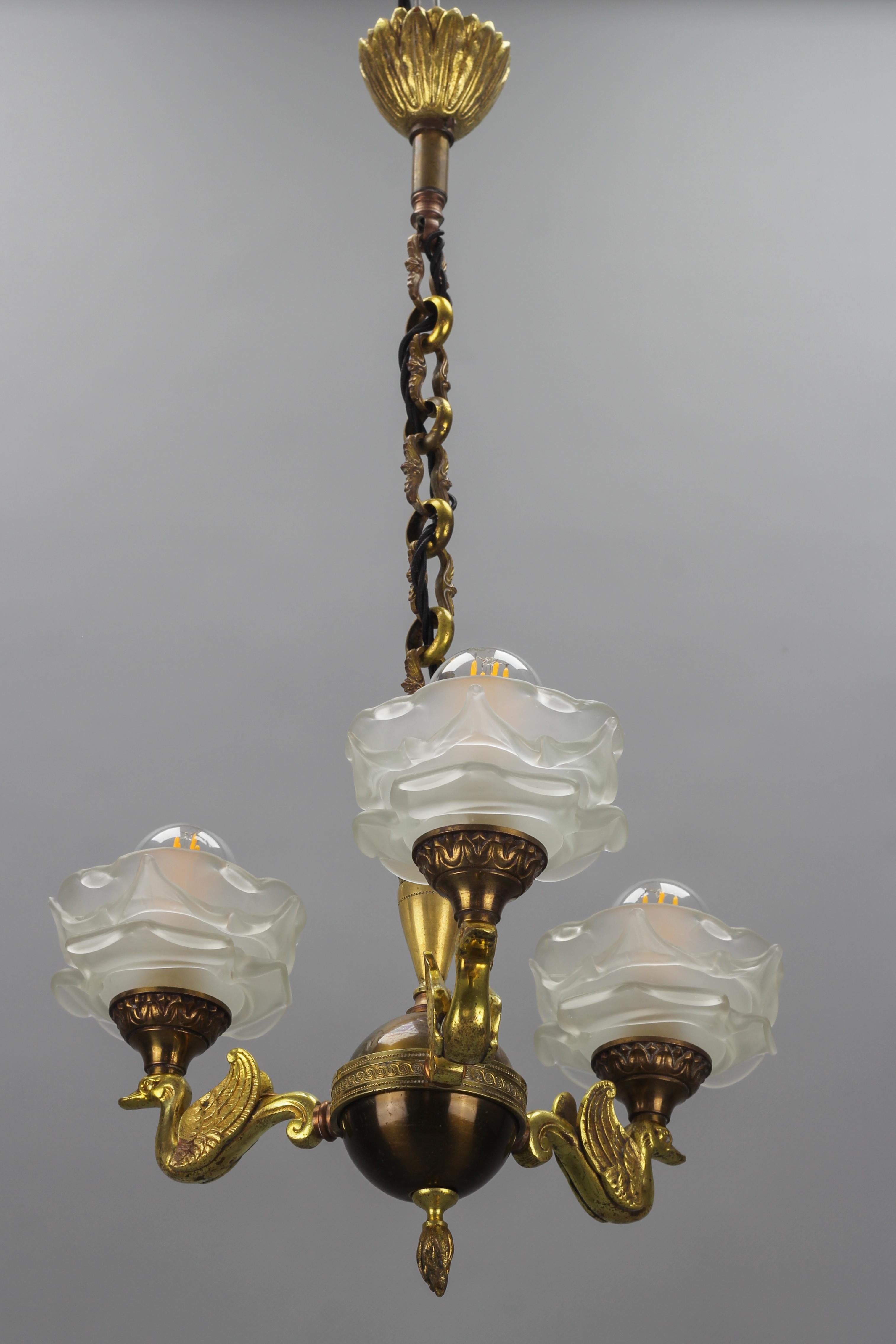 French Empire Style Brass, Bronze and Frosted Glass Three-Light Chandelier For Sale 1