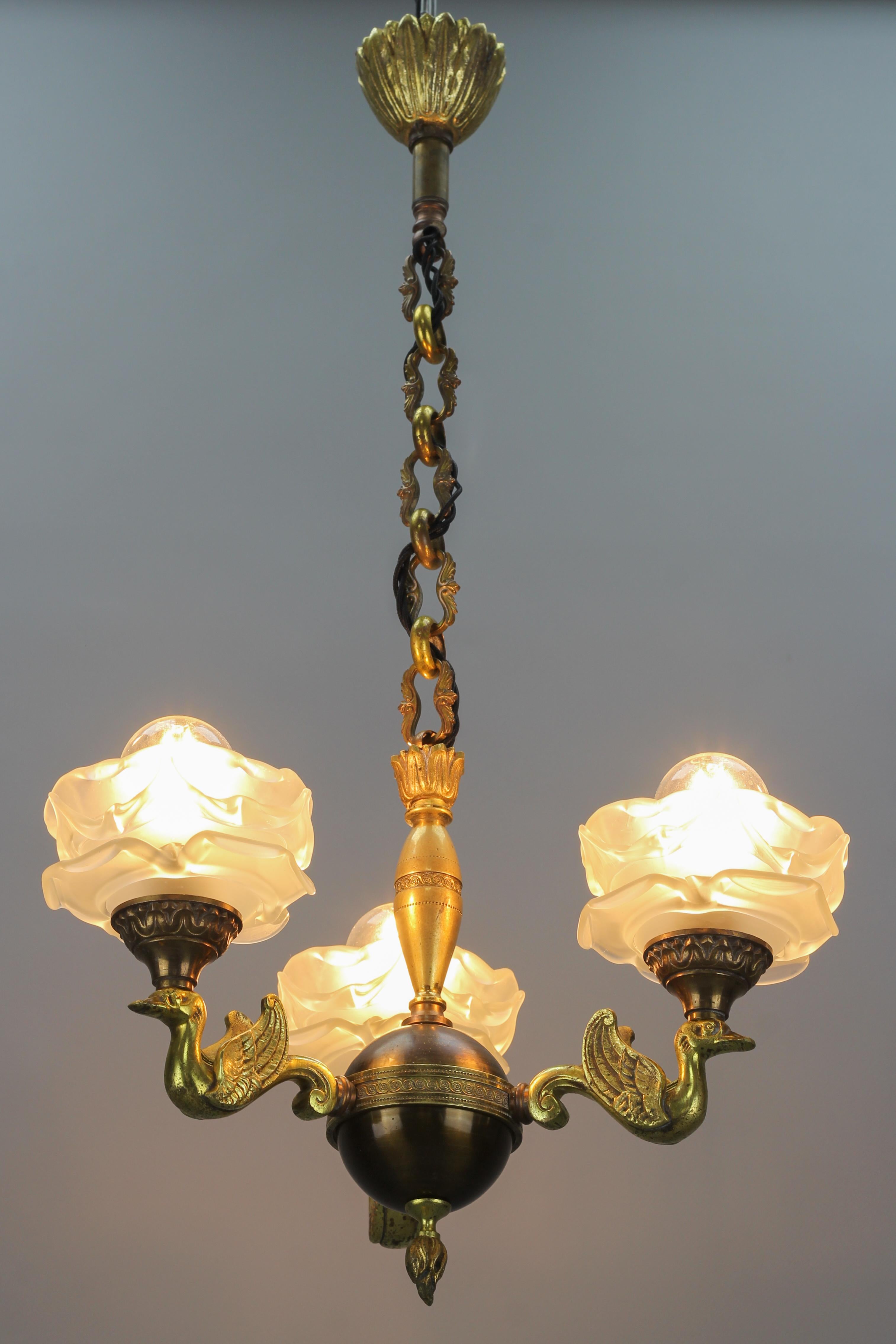 French Empire Style Brass, Bronze and Frosted Glass Three-Light Chandelier For Sale 3