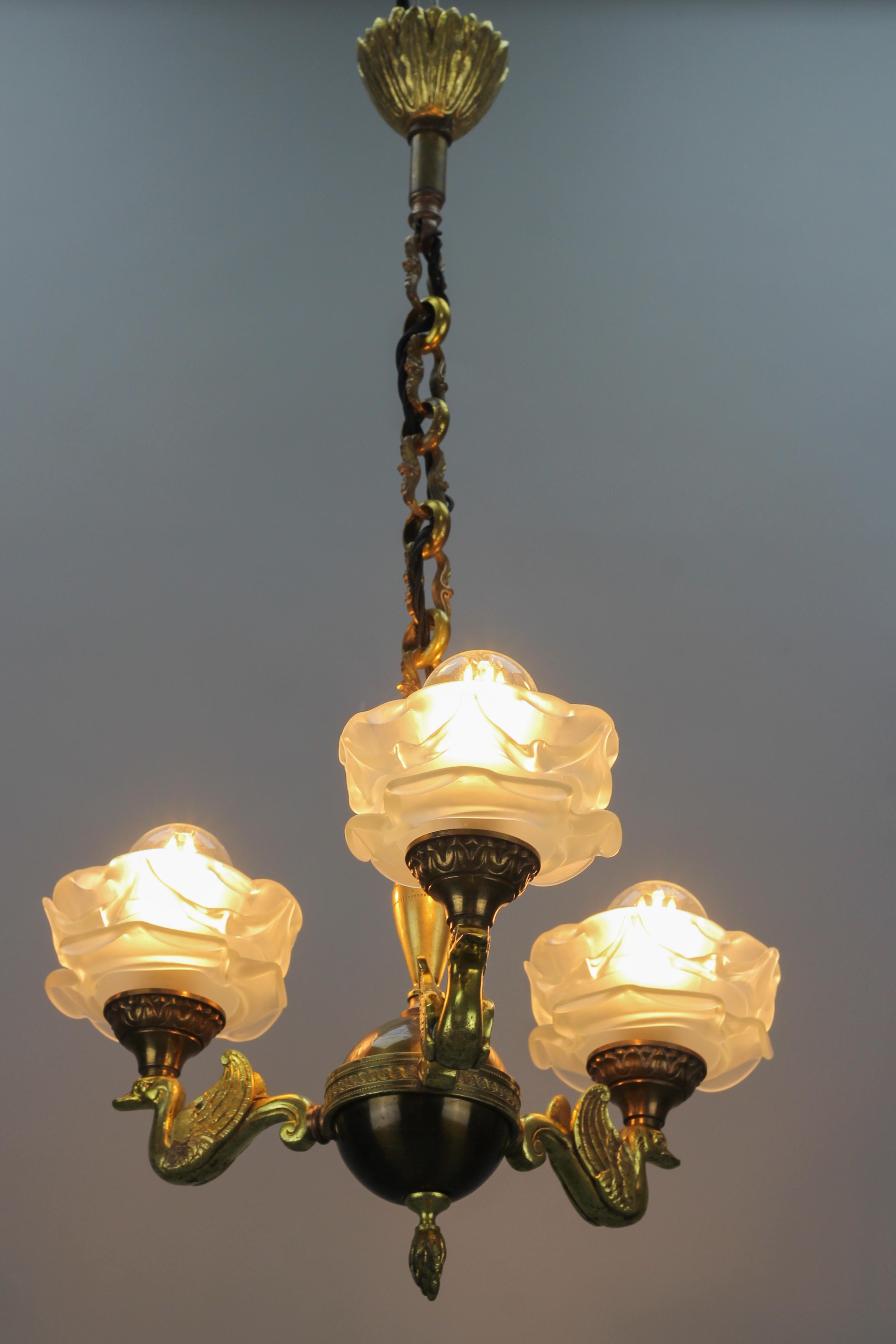 French Empire Style Brass, Bronze and Frosted Glass Three-Light Chandelier For Sale 4