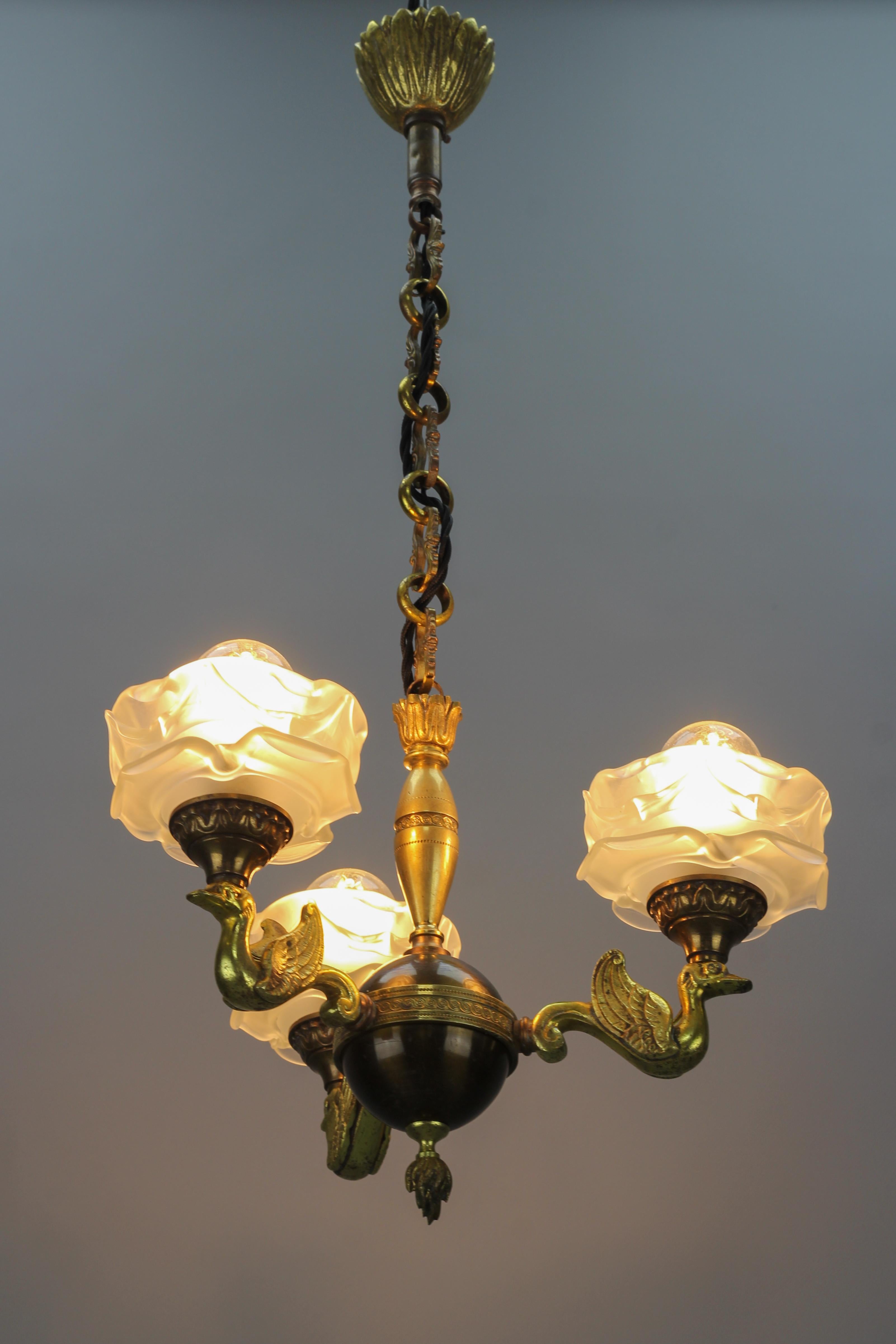 French Empire Style Brass, Bronze and Frosted Glass Three-Light Chandelier For Sale 5