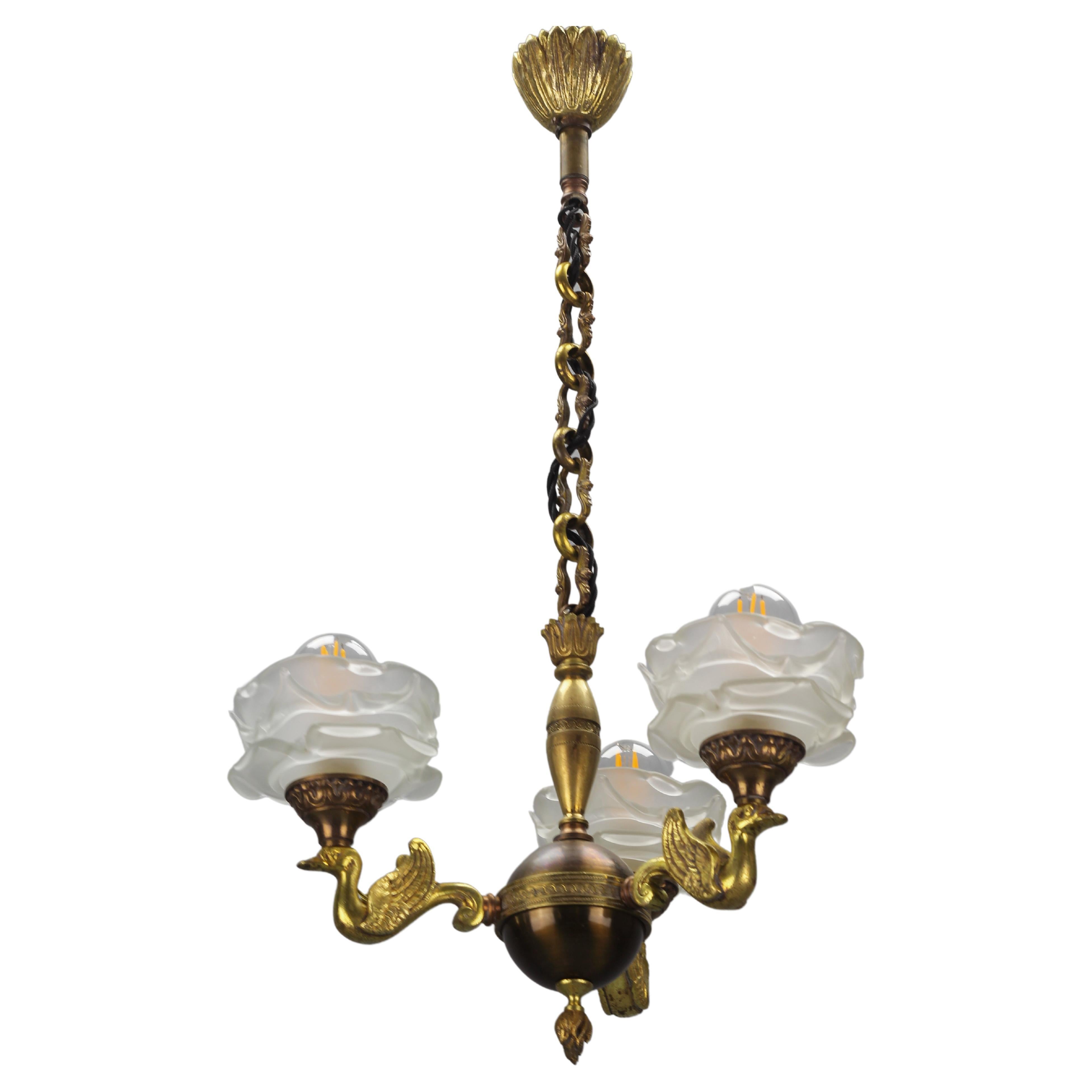 French Empire Style Brass, Bronze and Frosted Glass Three-Light Chandelier For Sale