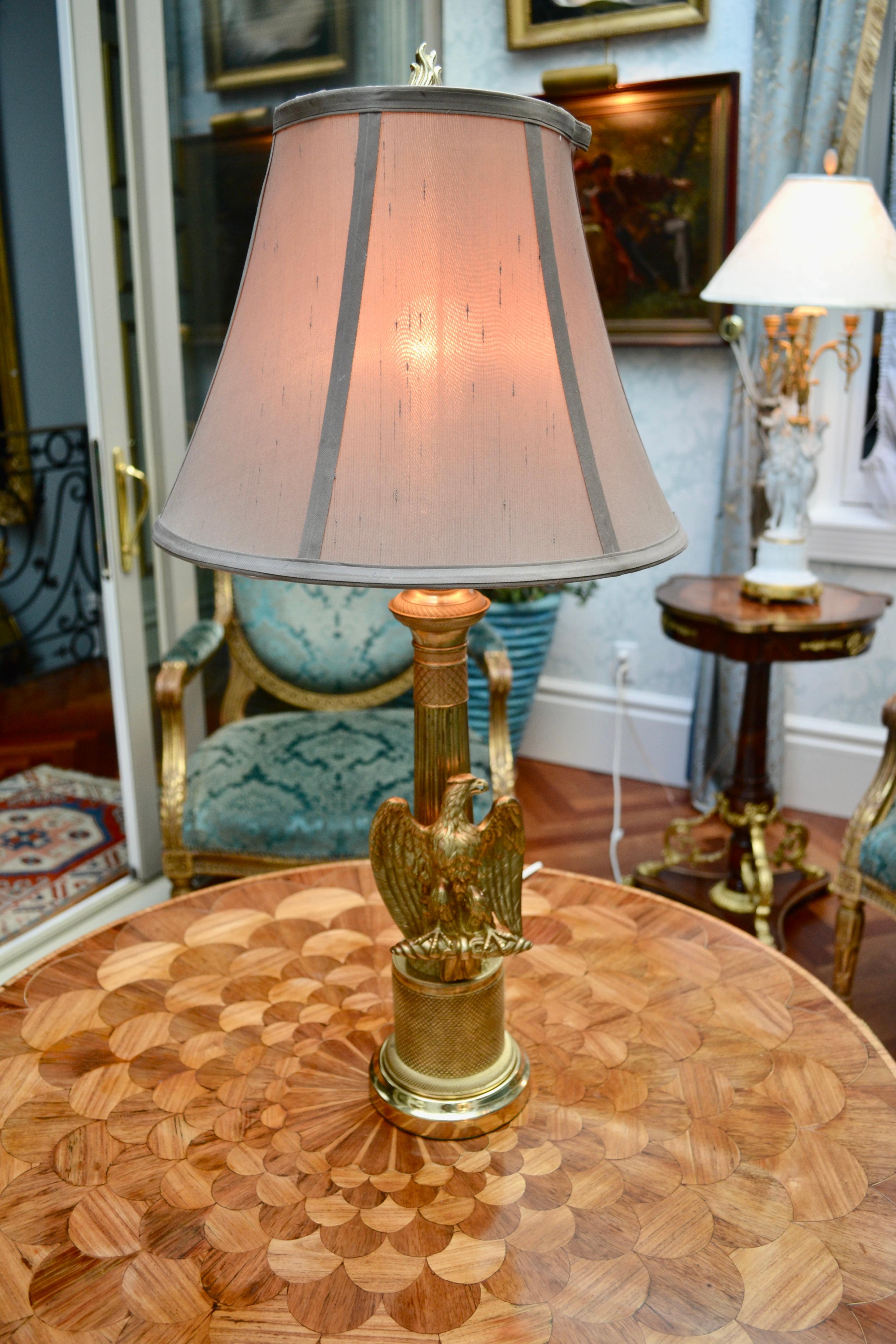 20th Century French Empire style Brass Column Lamp with an Eagle For Sale