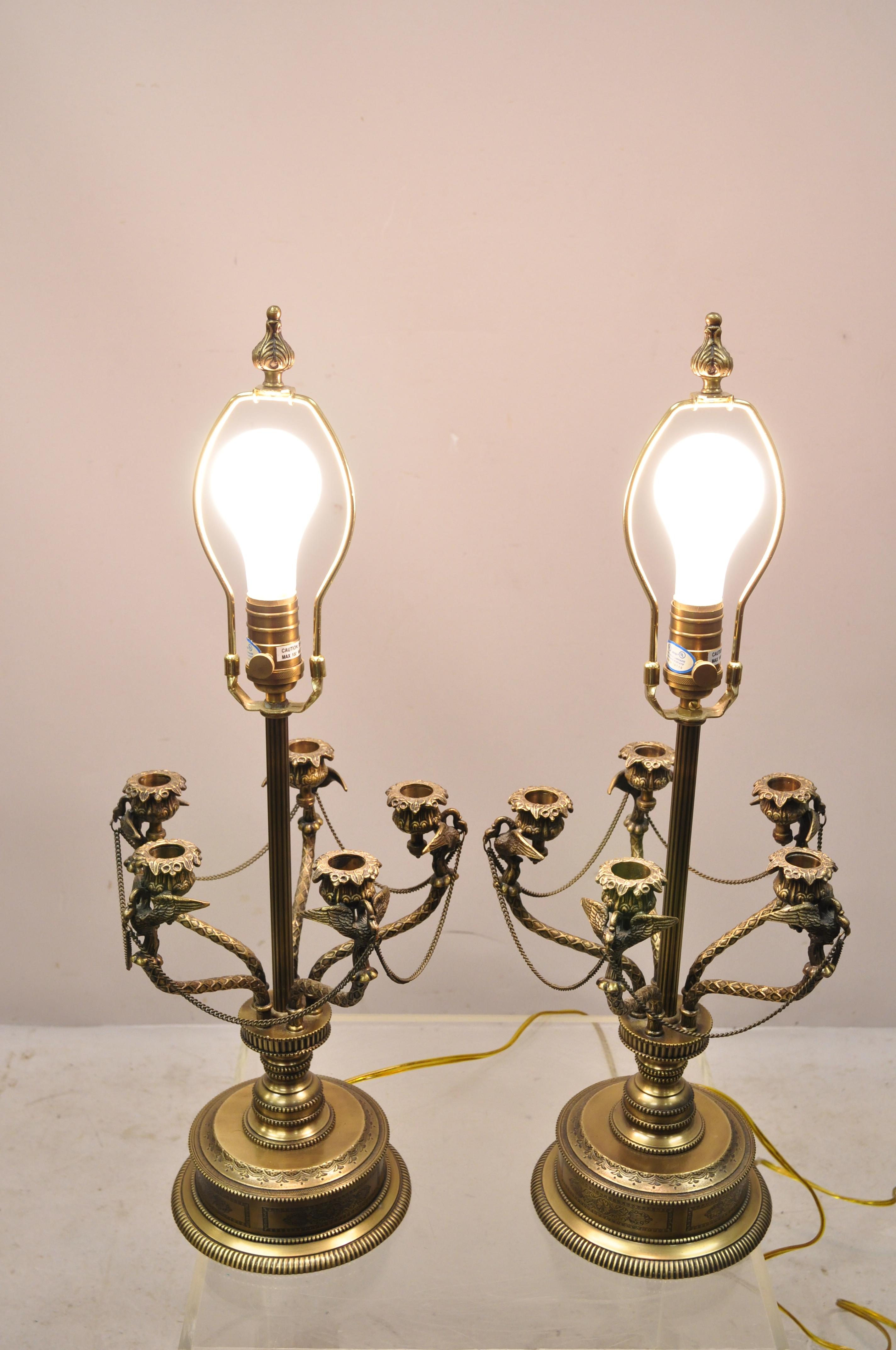 French Empire Style Brass Figural Bird Swan Candelabra Table Lamps, a Pair For Sale 5