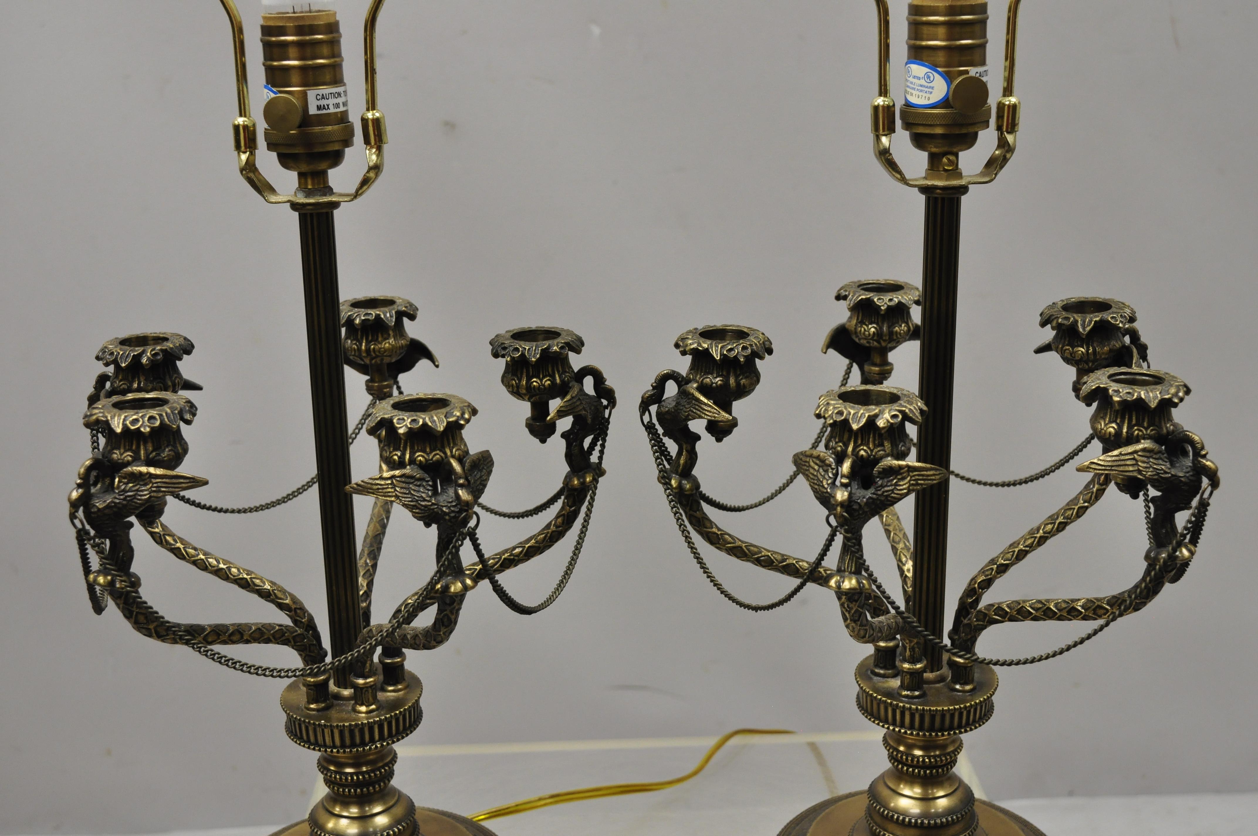 North American French Empire Style Brass Figural Bird Swan Candelabra Table Lamps, a Pair For Sale