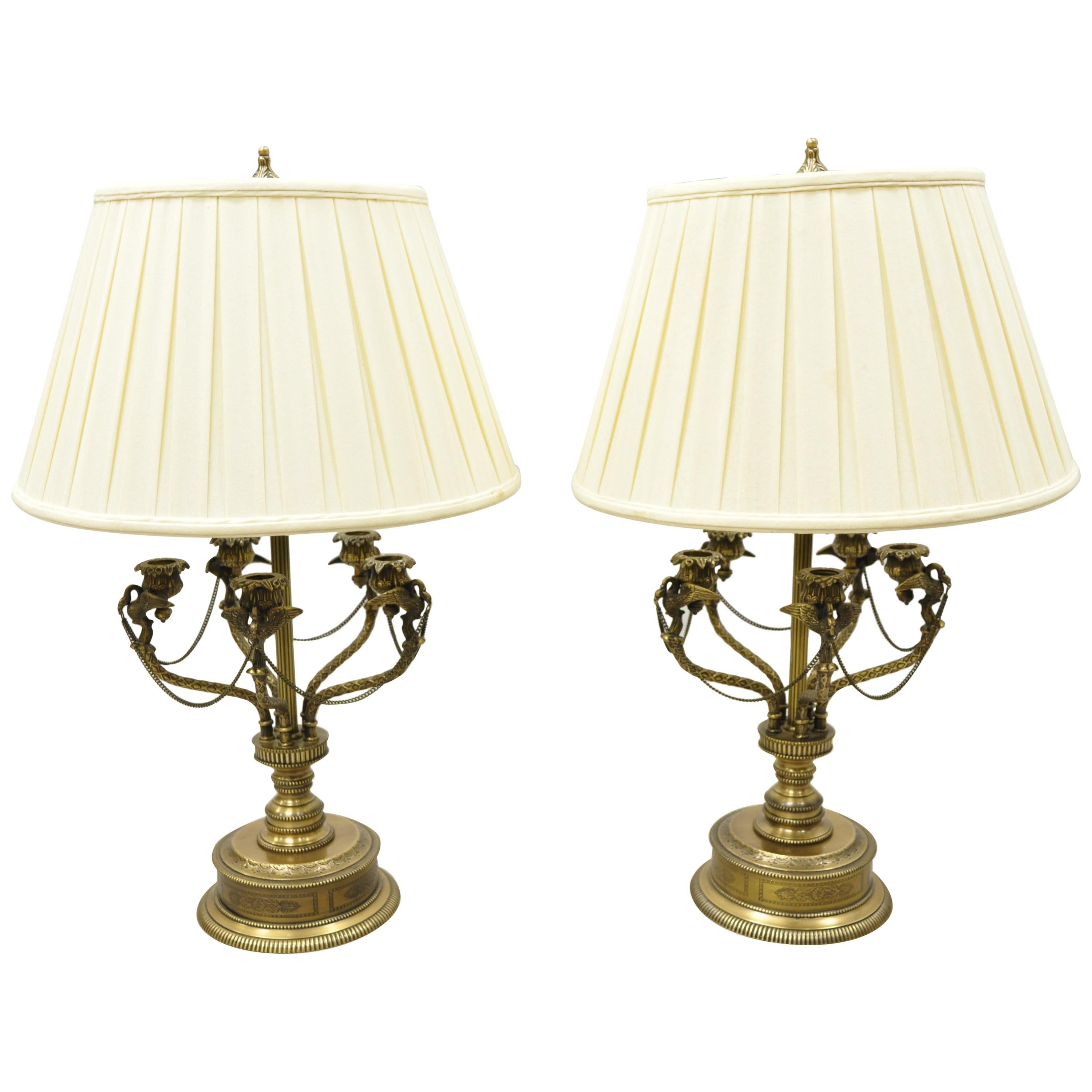 French Empire Style Brass Figural Bird Swan Candelabra Table Lamps, a Pair