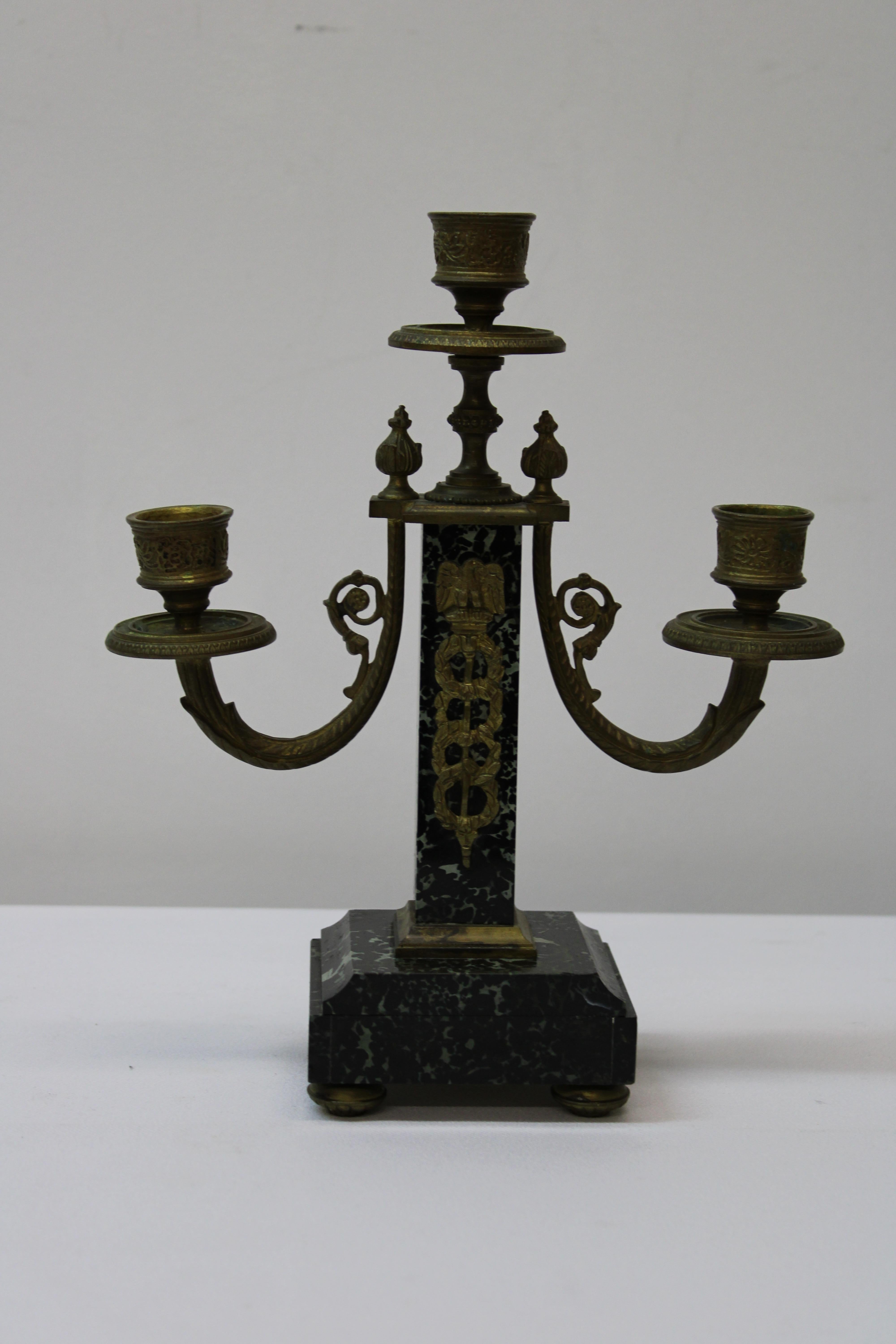 French Empire Style Brass & Marble Candelabra's In Good Condition For Sale In San Francisco, CA