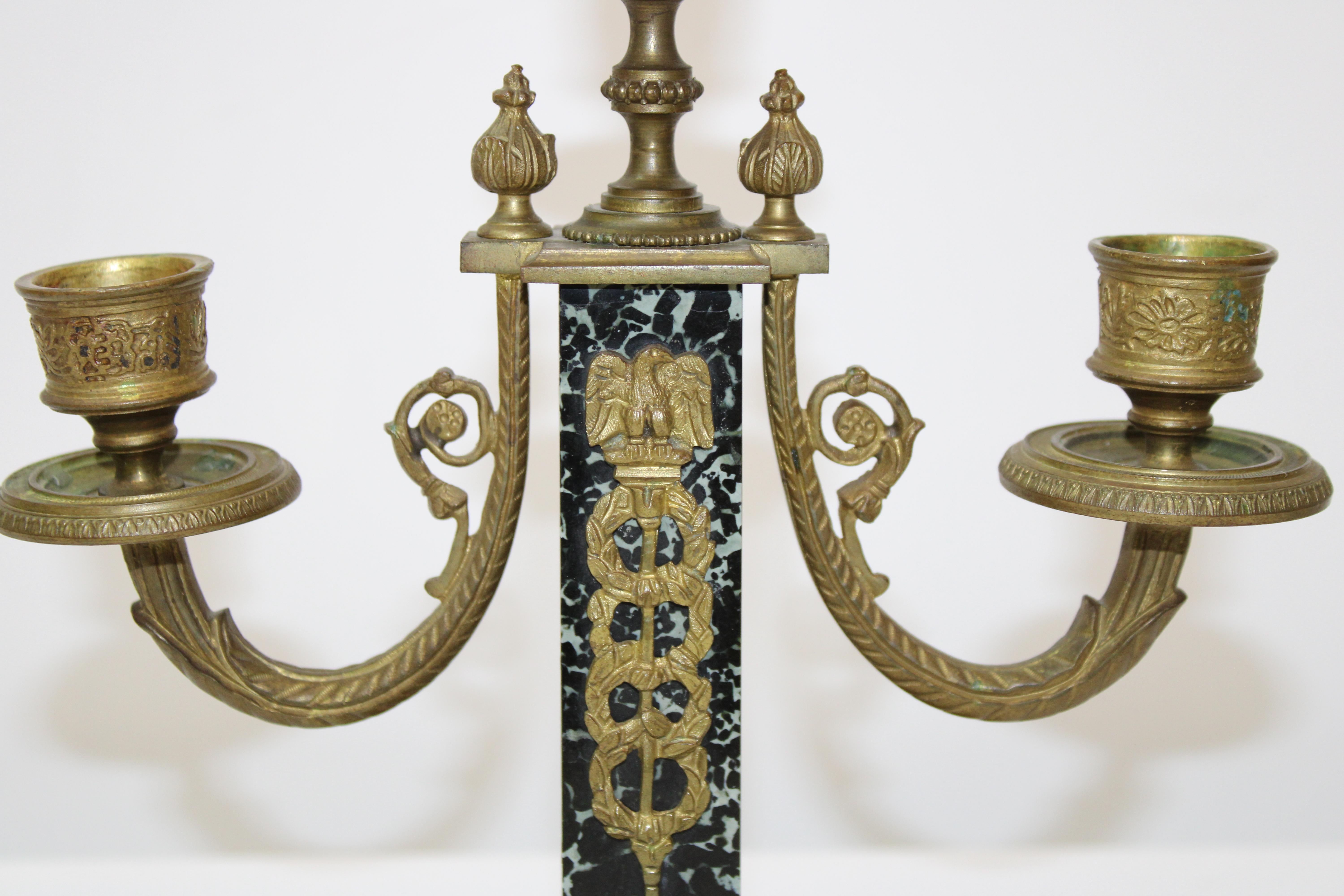 19th Century French Empire Style Brass & Marble Candelabra's For Sale