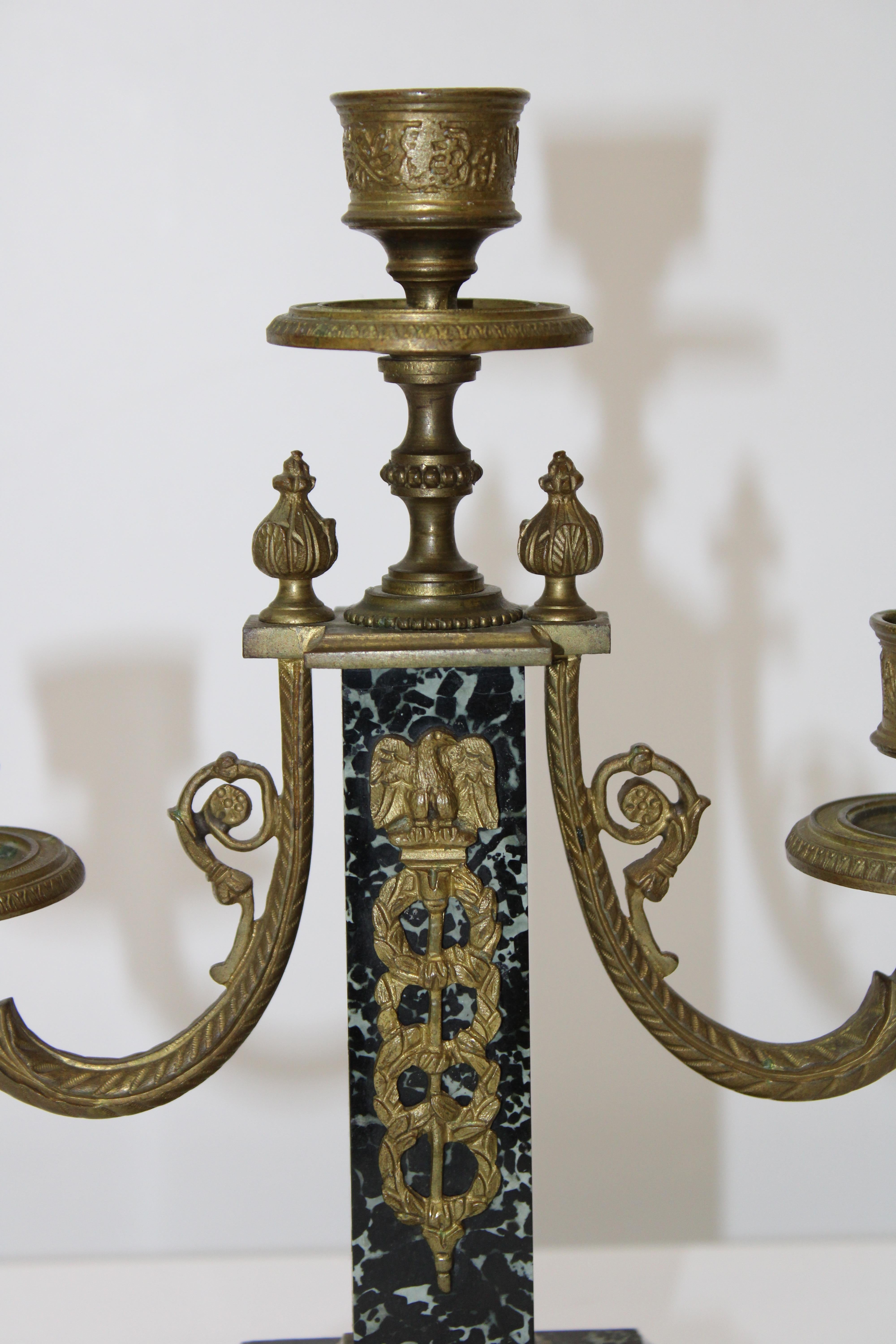 French Empire Style Brass & Marble Candelabra's For Sale 1