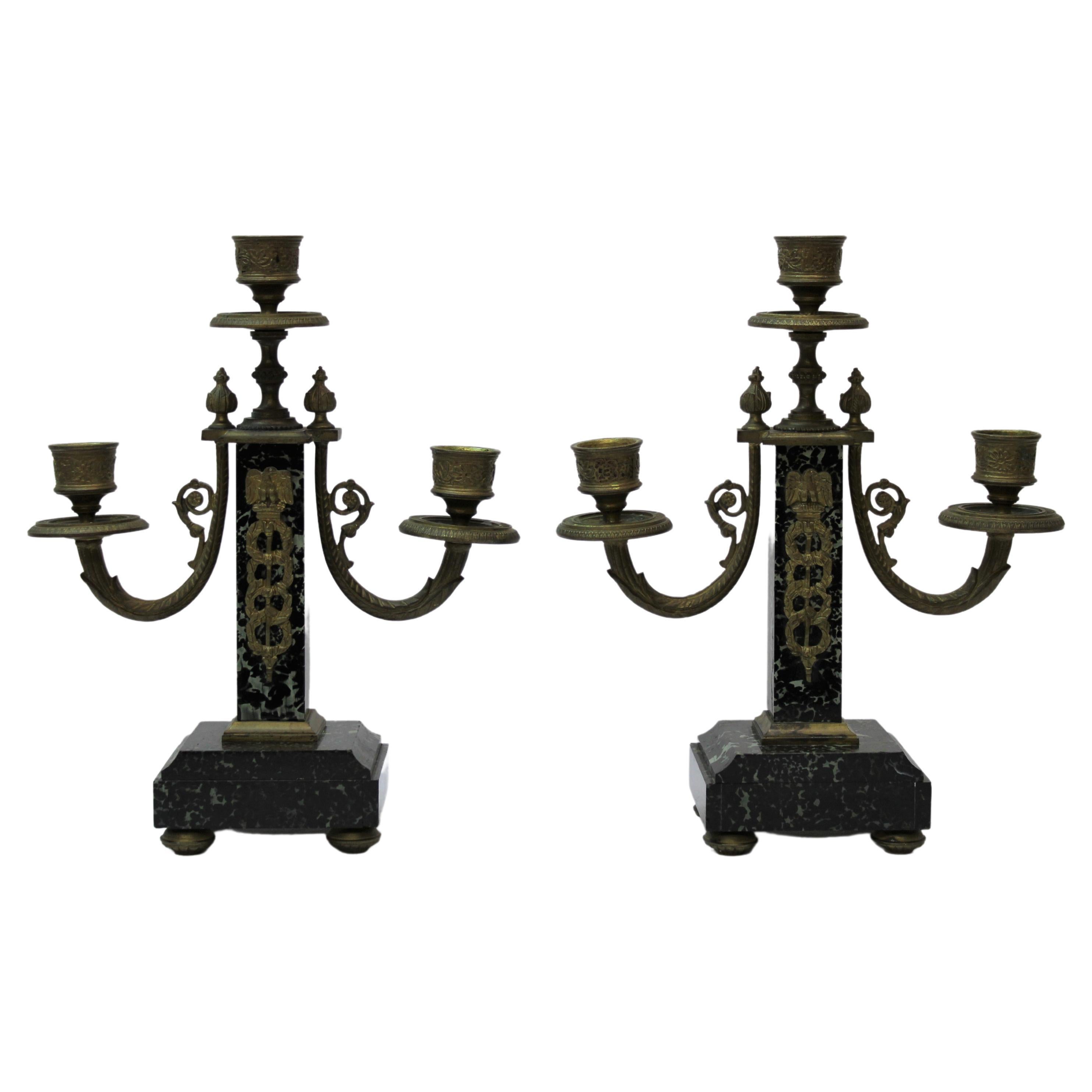 French Empire Style Brass & Marble Candelabra's For Sale