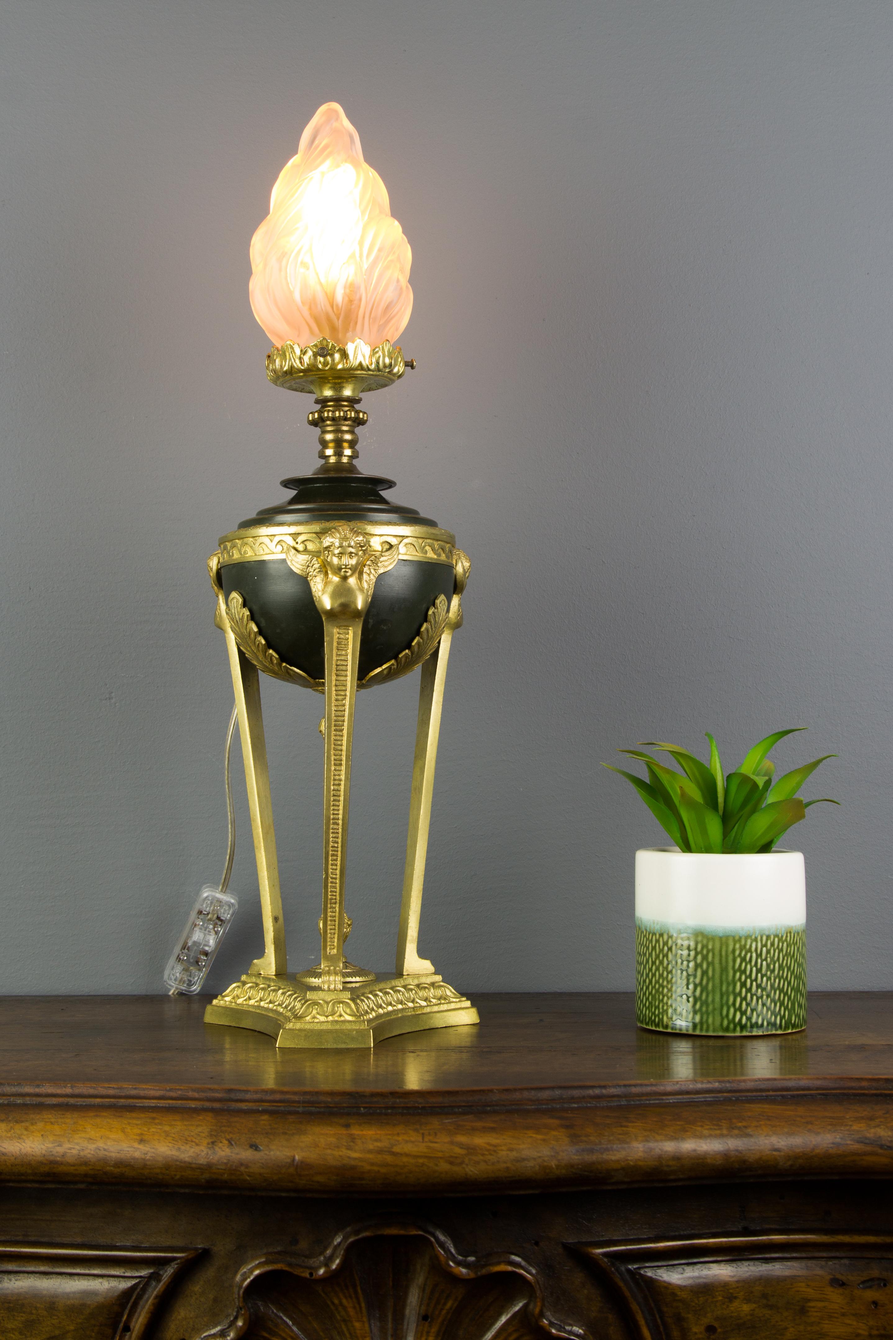 20th Century French Empire Style Bronze and Flame Shaped Frosted Glass Table Lamp