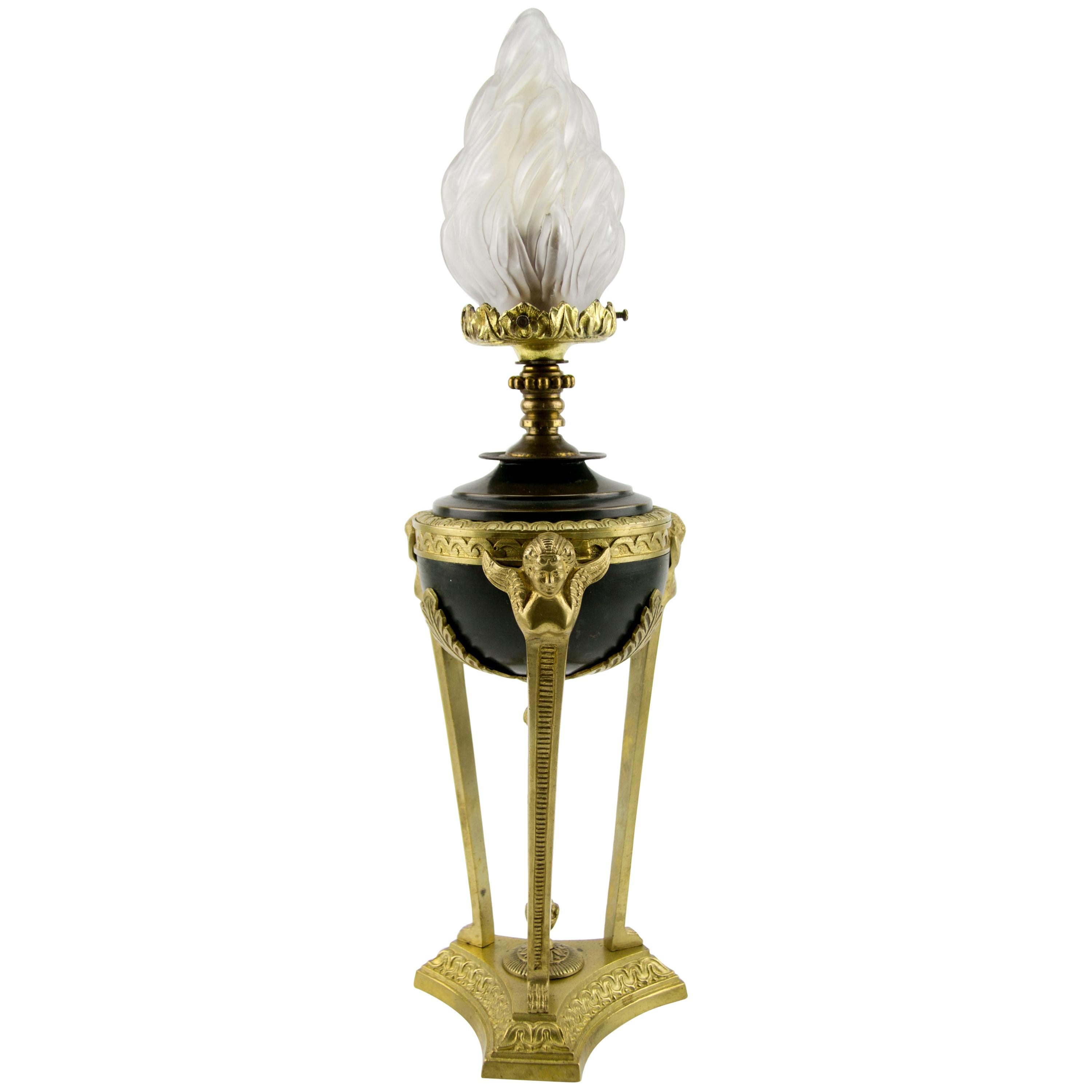 French Empire Style Bronze and Flame Shaped Frosted Glass Table Lamp