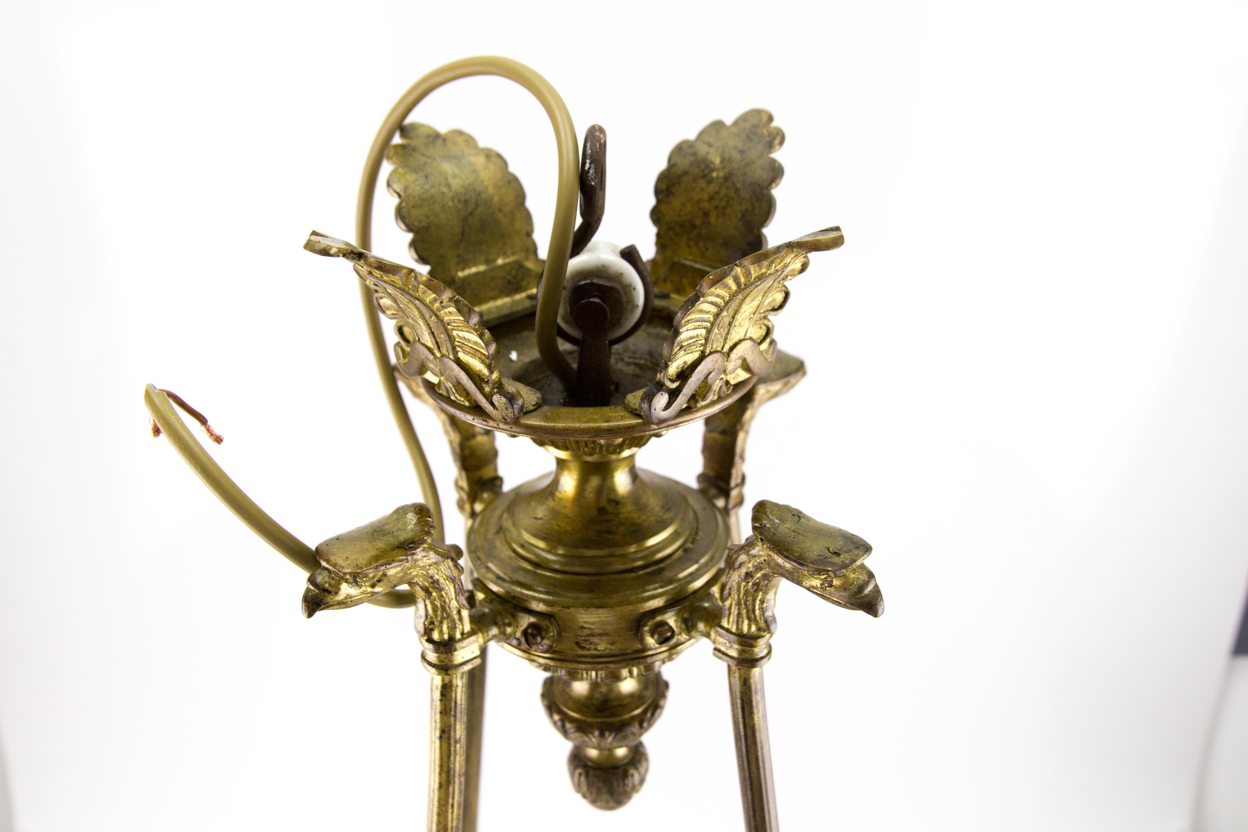 Antique Empire Style French Bronze and Frosted Flame Glass Chandelier Antique Empire Style French Bronze and Frosted Flame Glass Chandelier
